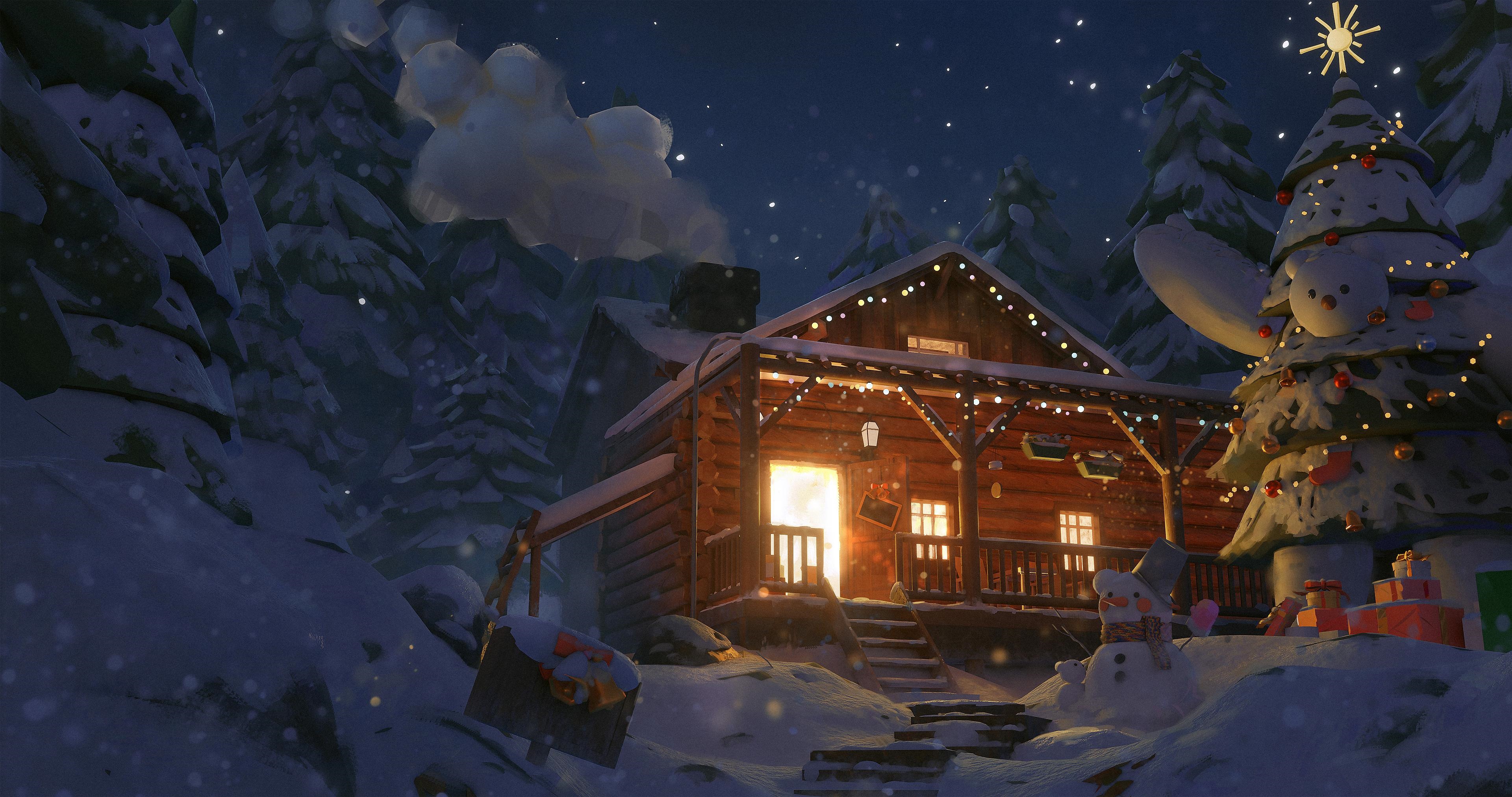 4K Christmas cabin in a snowy forest with a snowman and tree HD Wallpaper