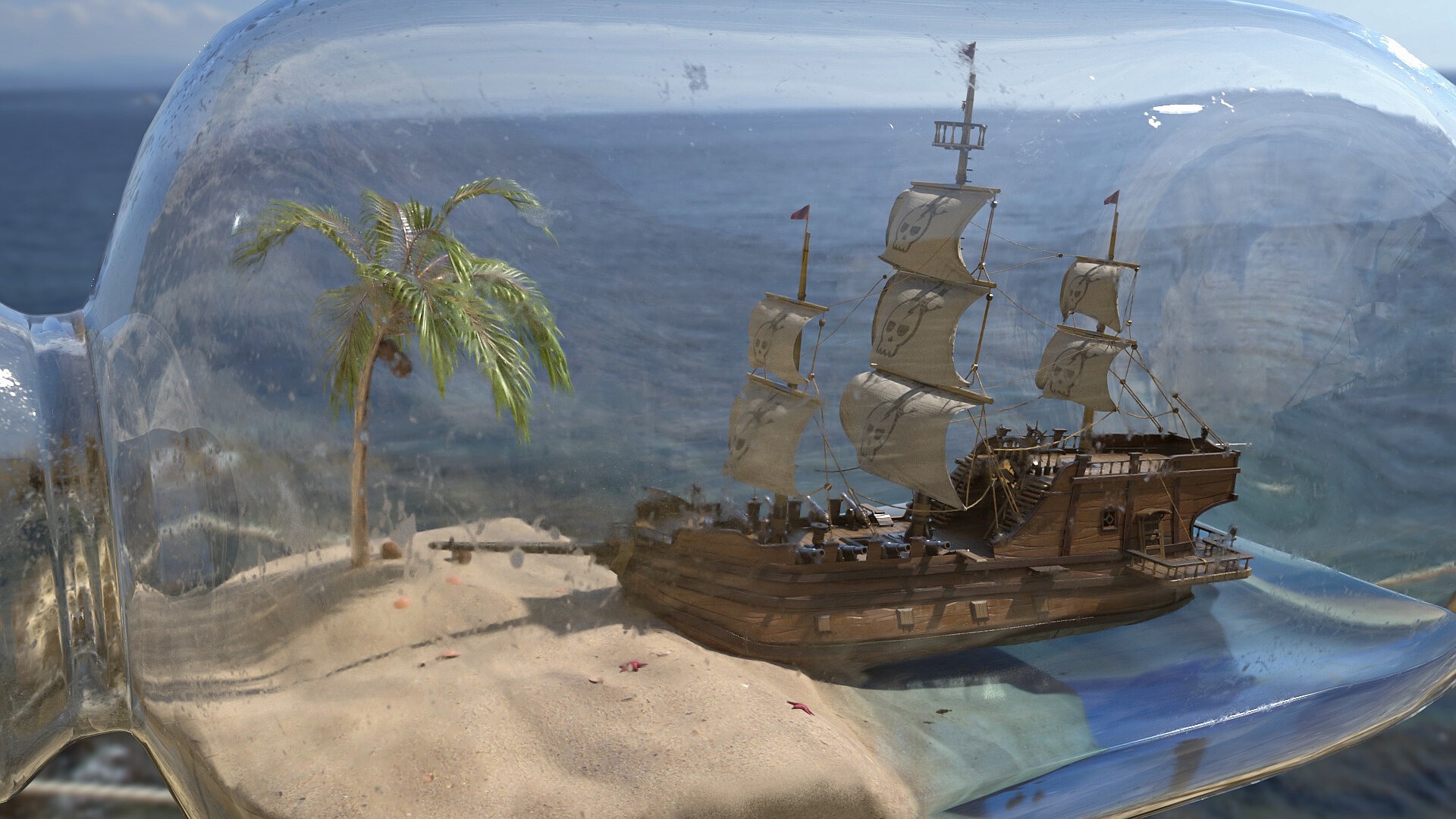 Pirate ship and palm tree inside a bottle HD Wallpaper