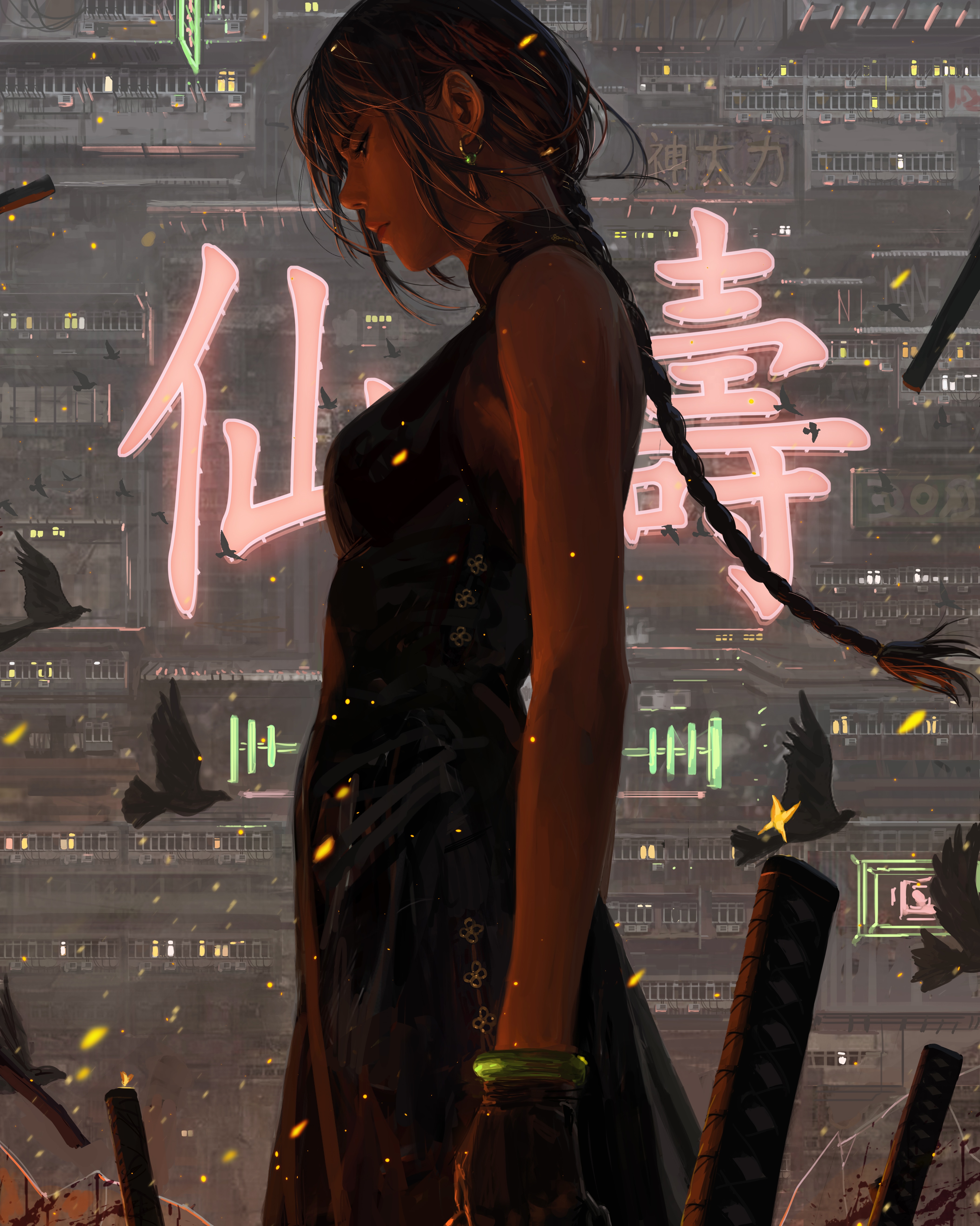 Fantasy girl in cheongsam with katanas and birds HD Phone Wallpaper