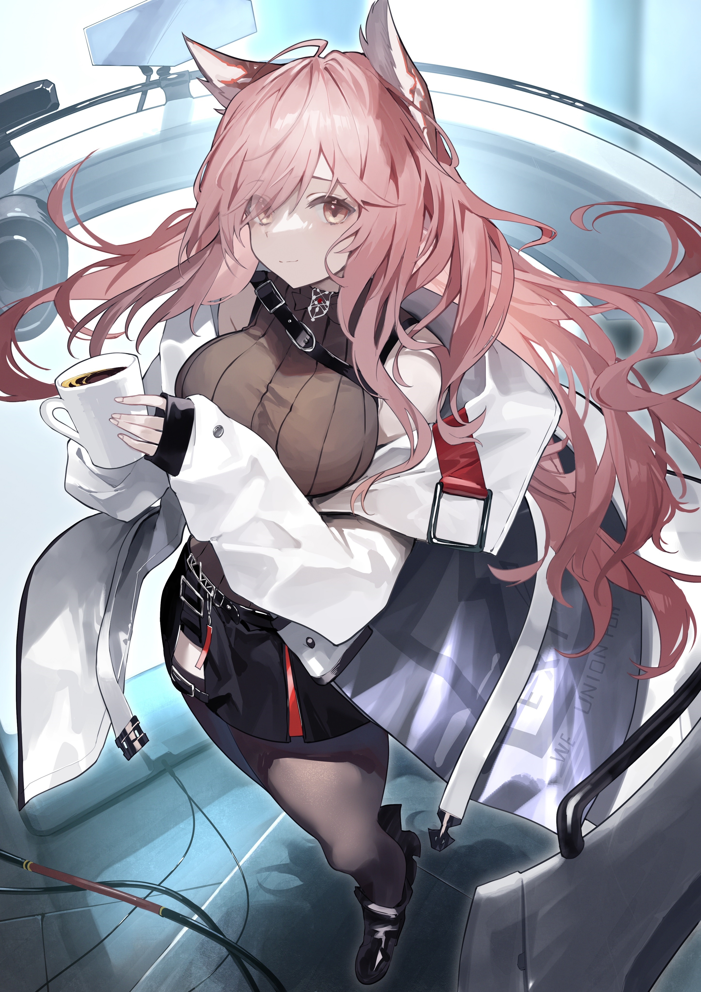 Pink-haired fox girl holding a coffee cup HD Phone Wallpaper