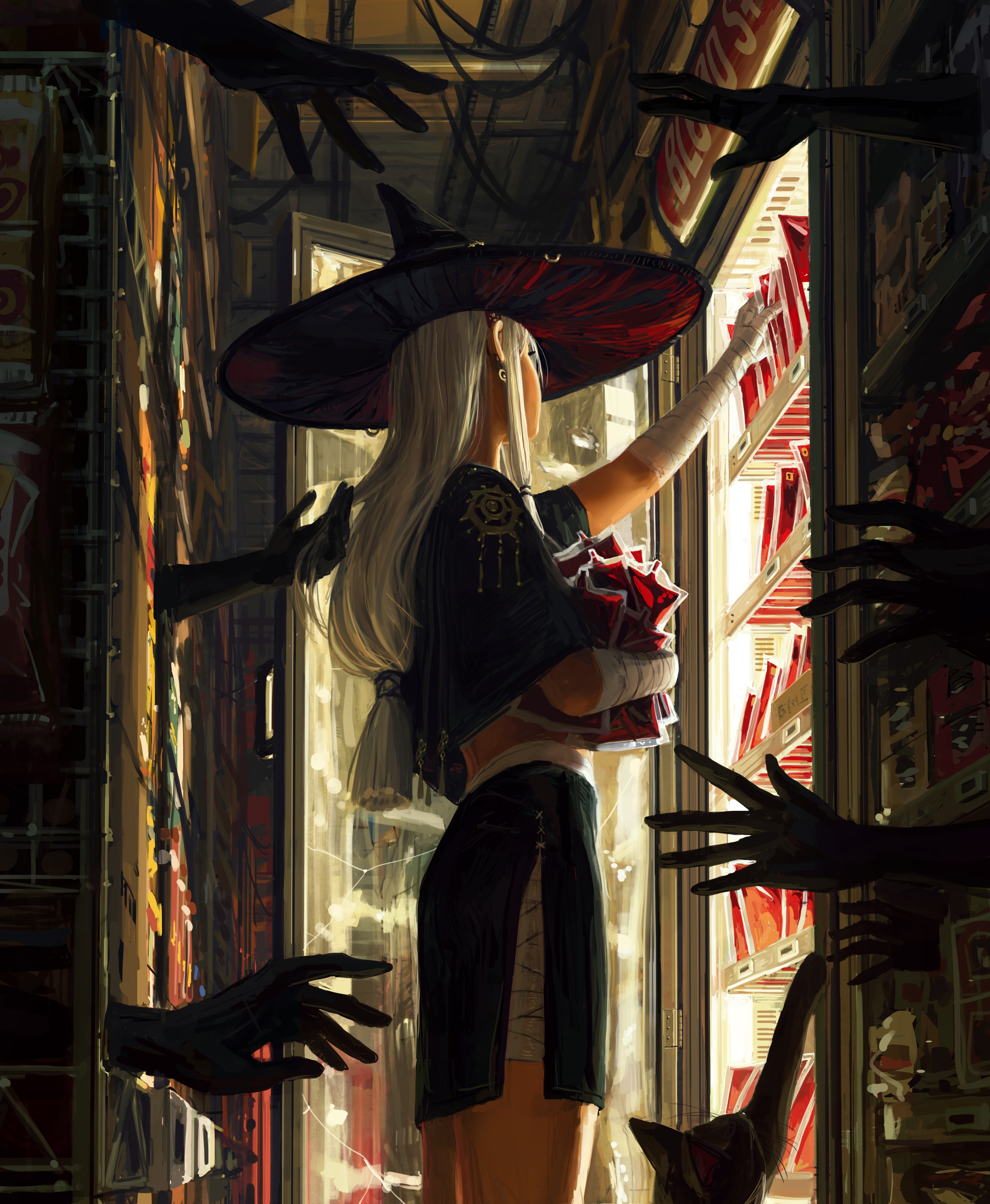 Witch reaching for books surrounded by hands HD Phone Wallpaper