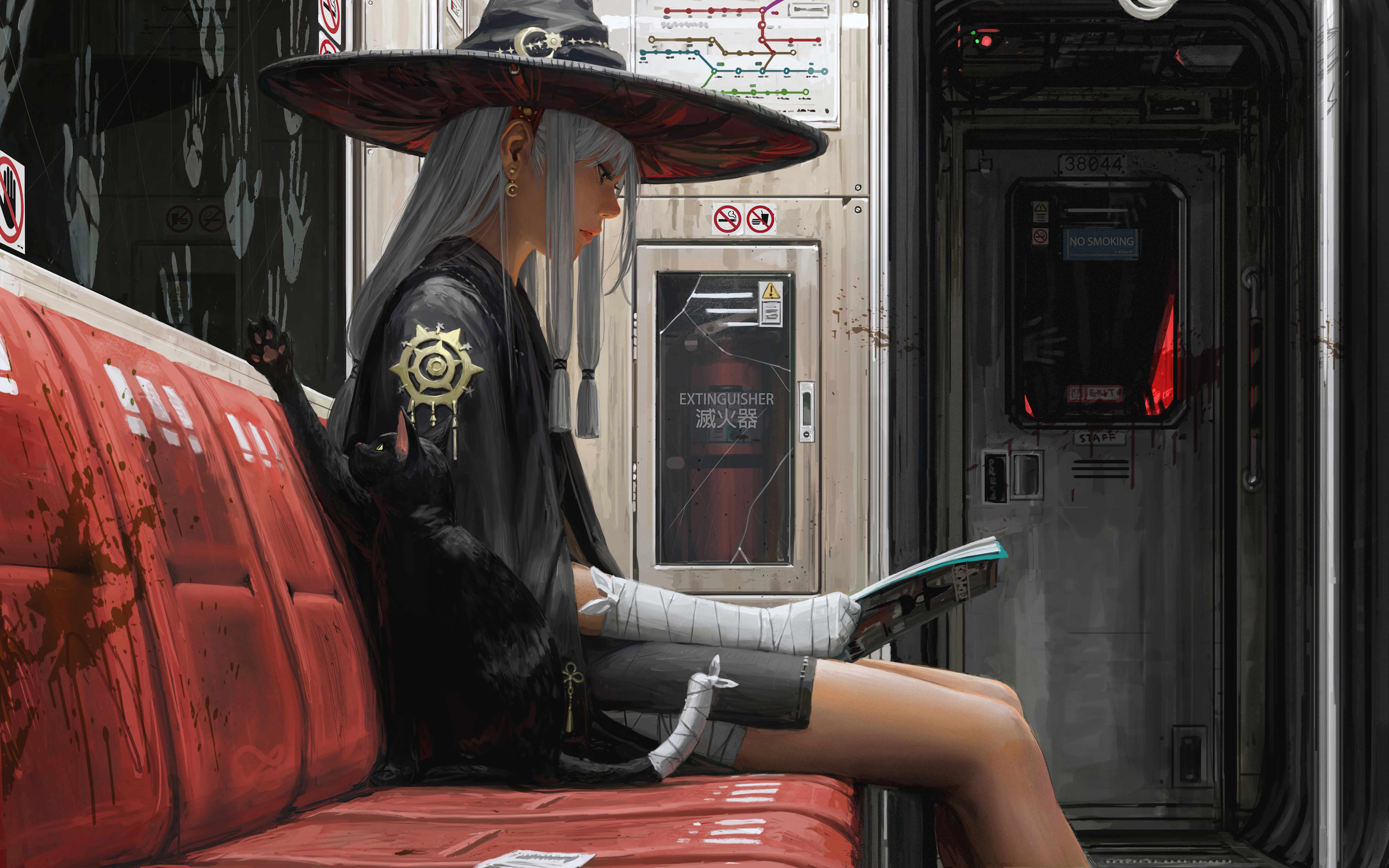 4K Witch and Black Cat on a Subway HD Wallpaper