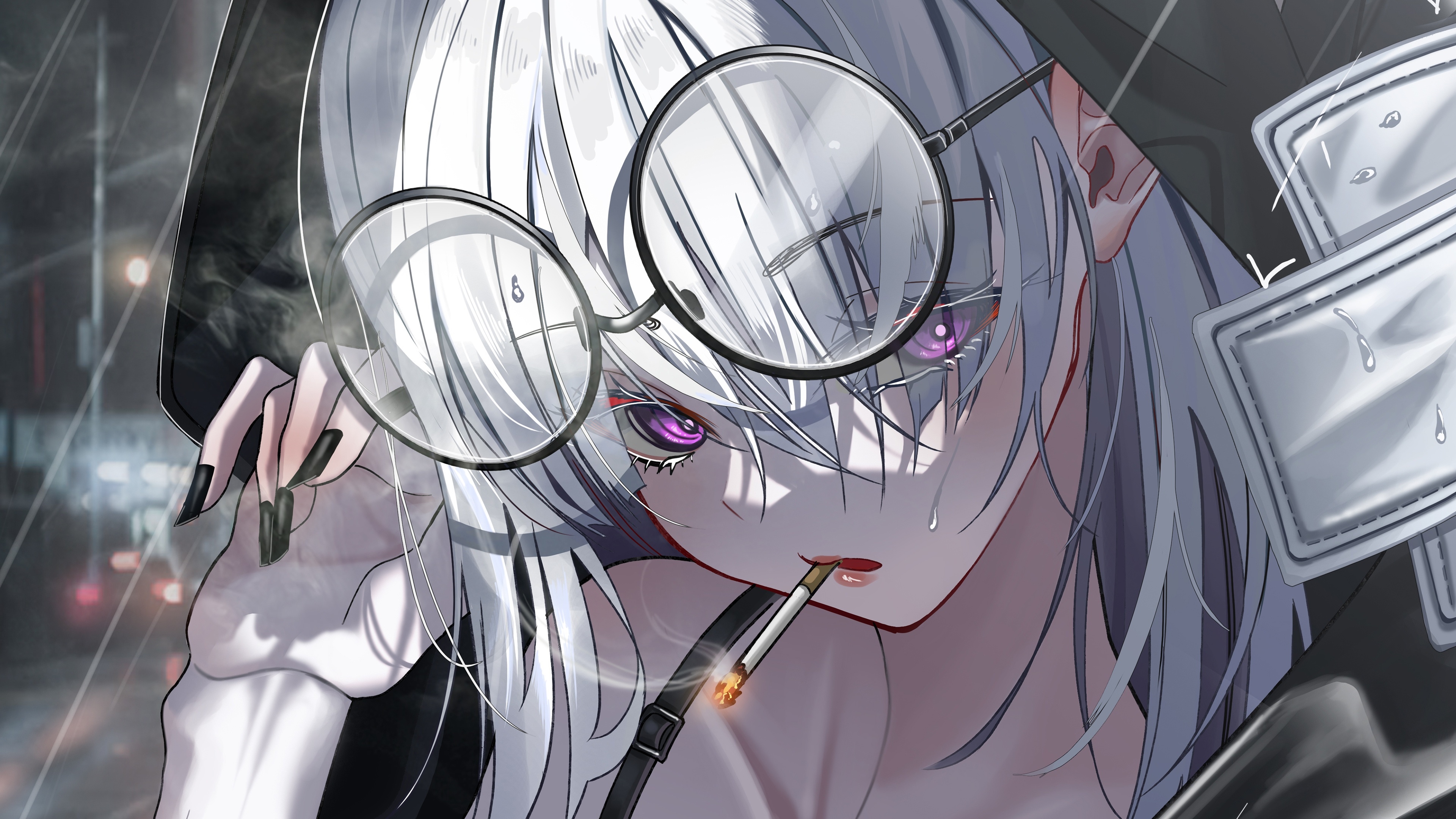 Anime girl with glasses smoking in the rain HD Wallpaper