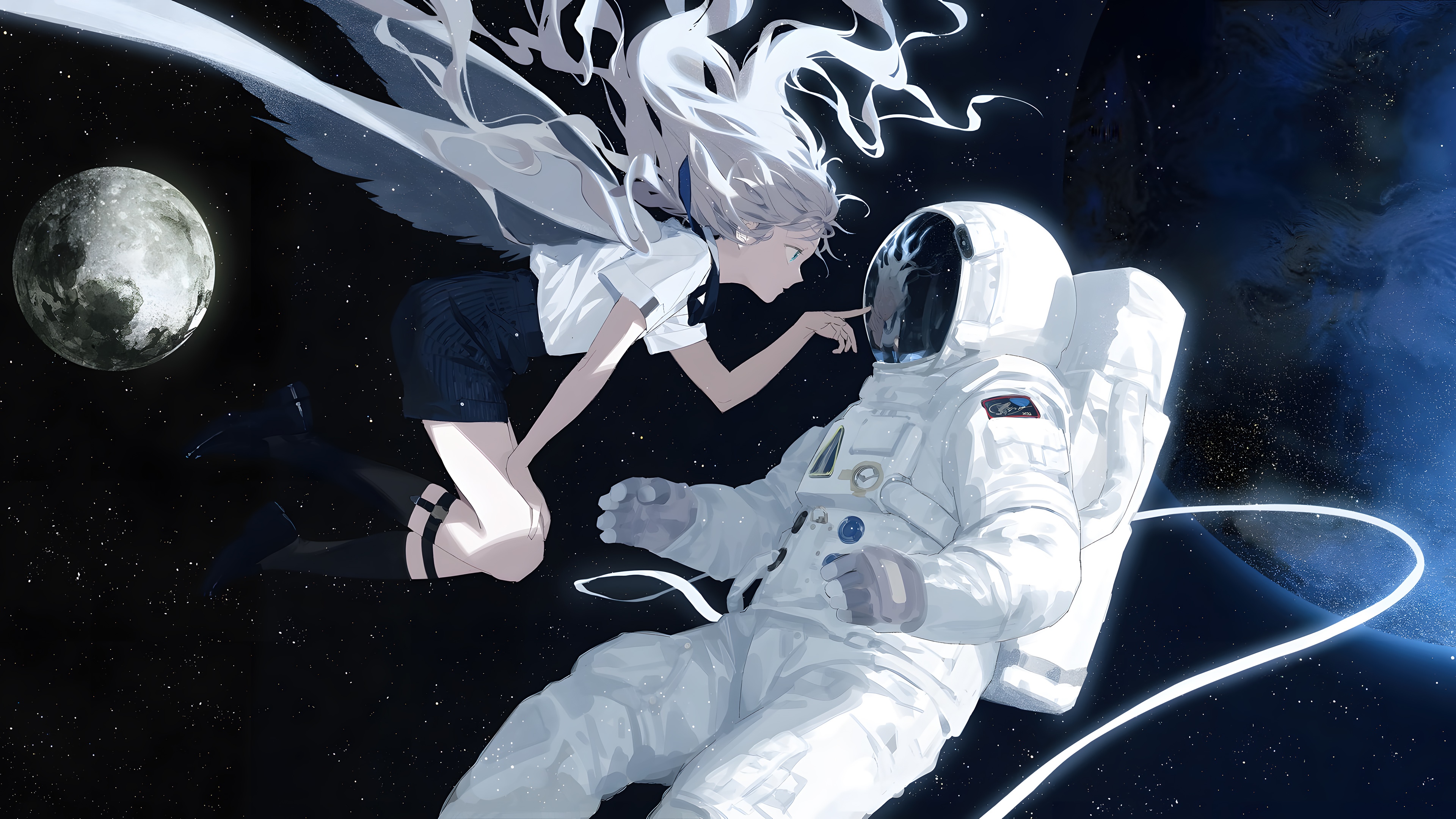 4K Anime Girl and Astronaut in Space HD Wallpaper
