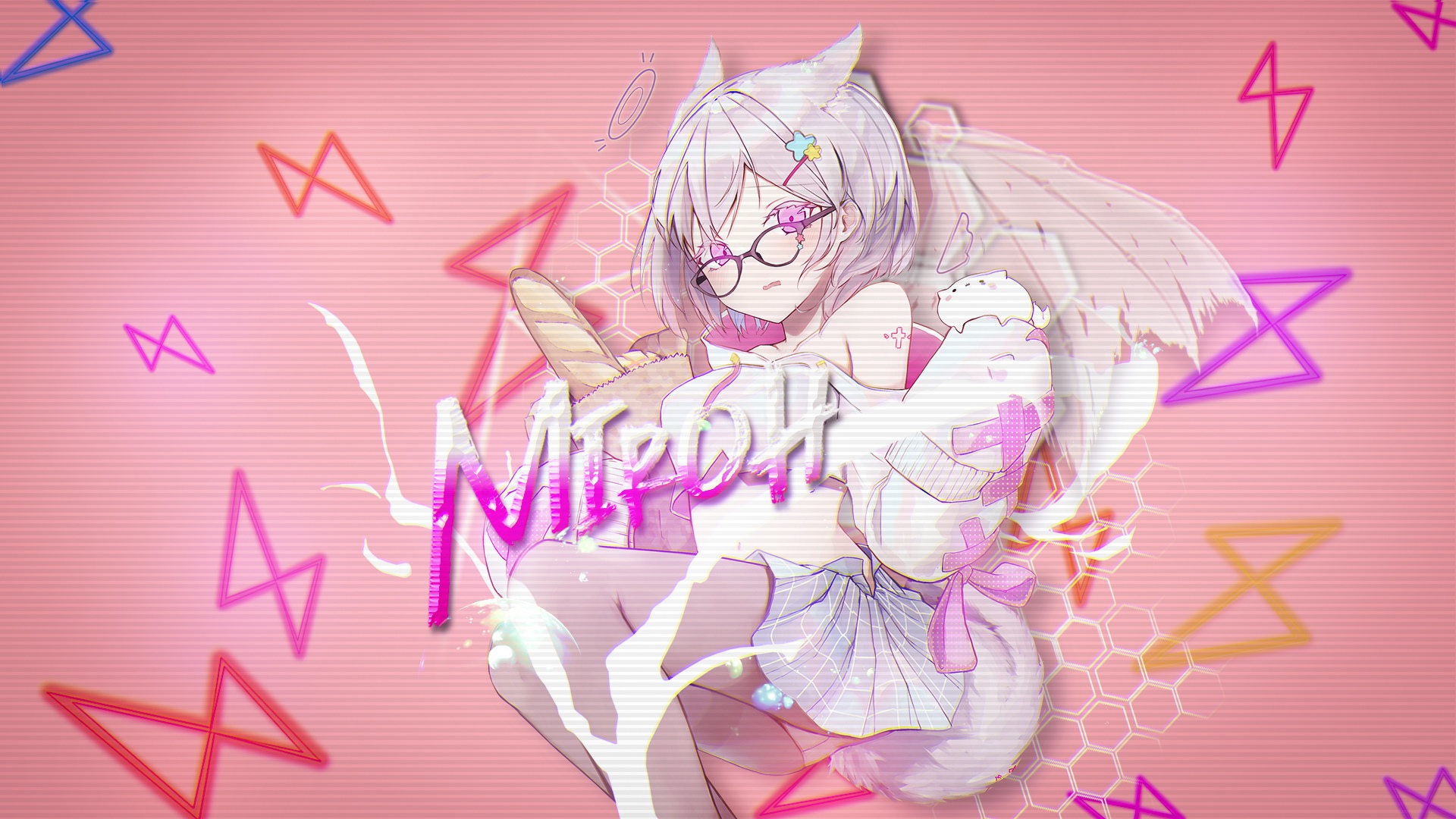 Cat girl with glasses holding a baguette HD Wallpaper