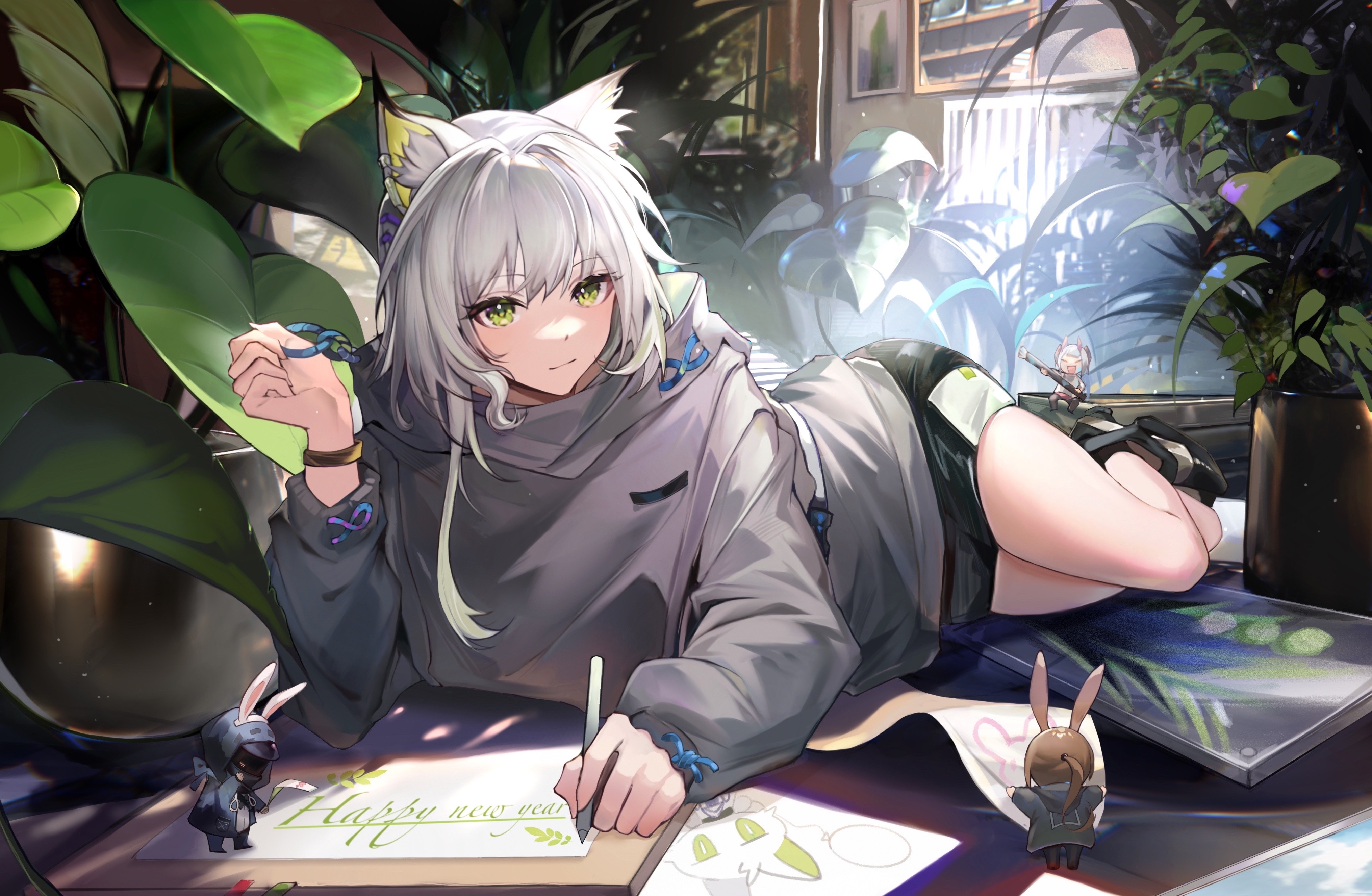 4K Arknights Kaltsit writing Happy New Year with chibi figures HD Wallpaper