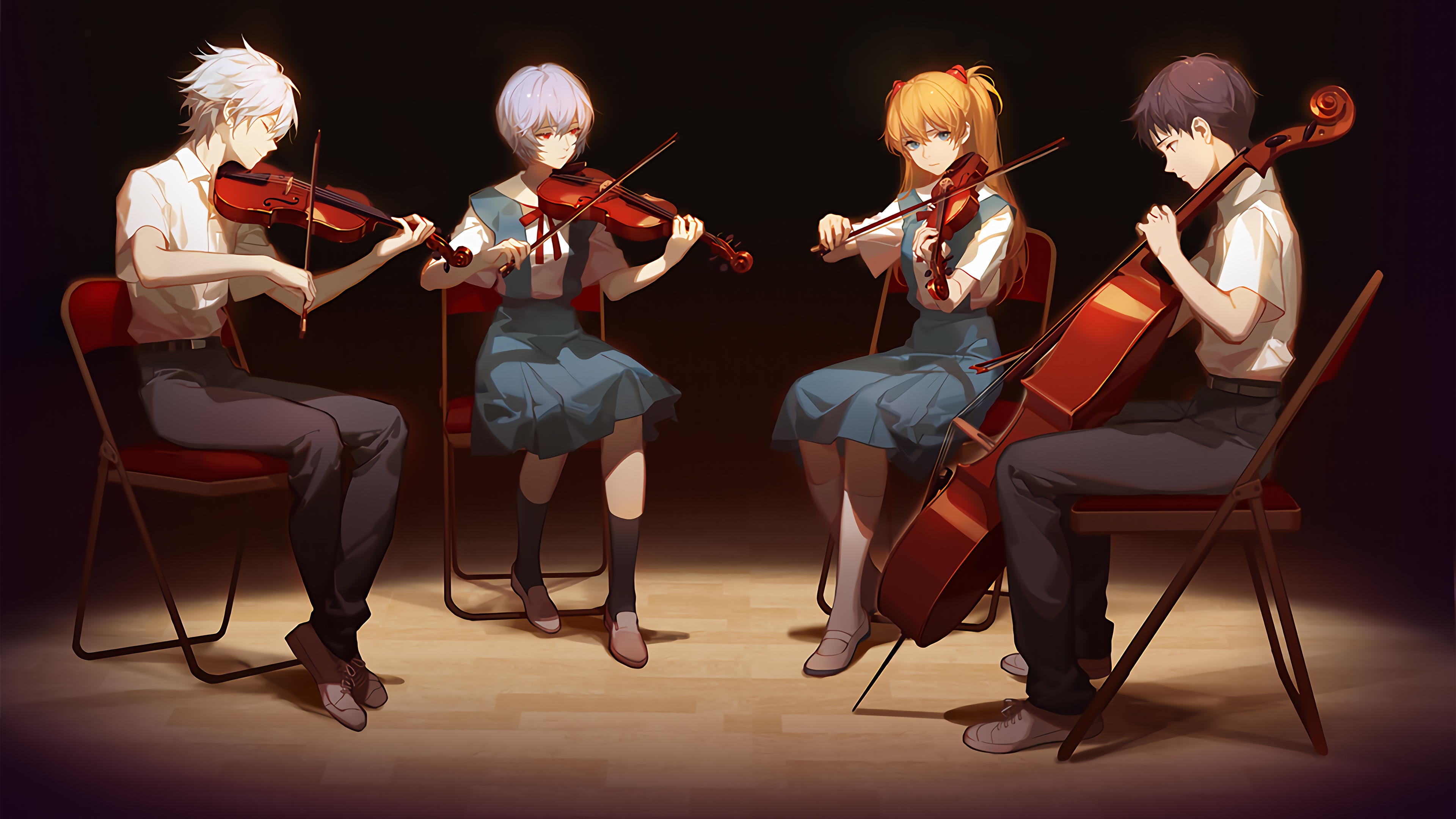 Neon Genesis Evangelion characters playing string instruments HD Wallpaper