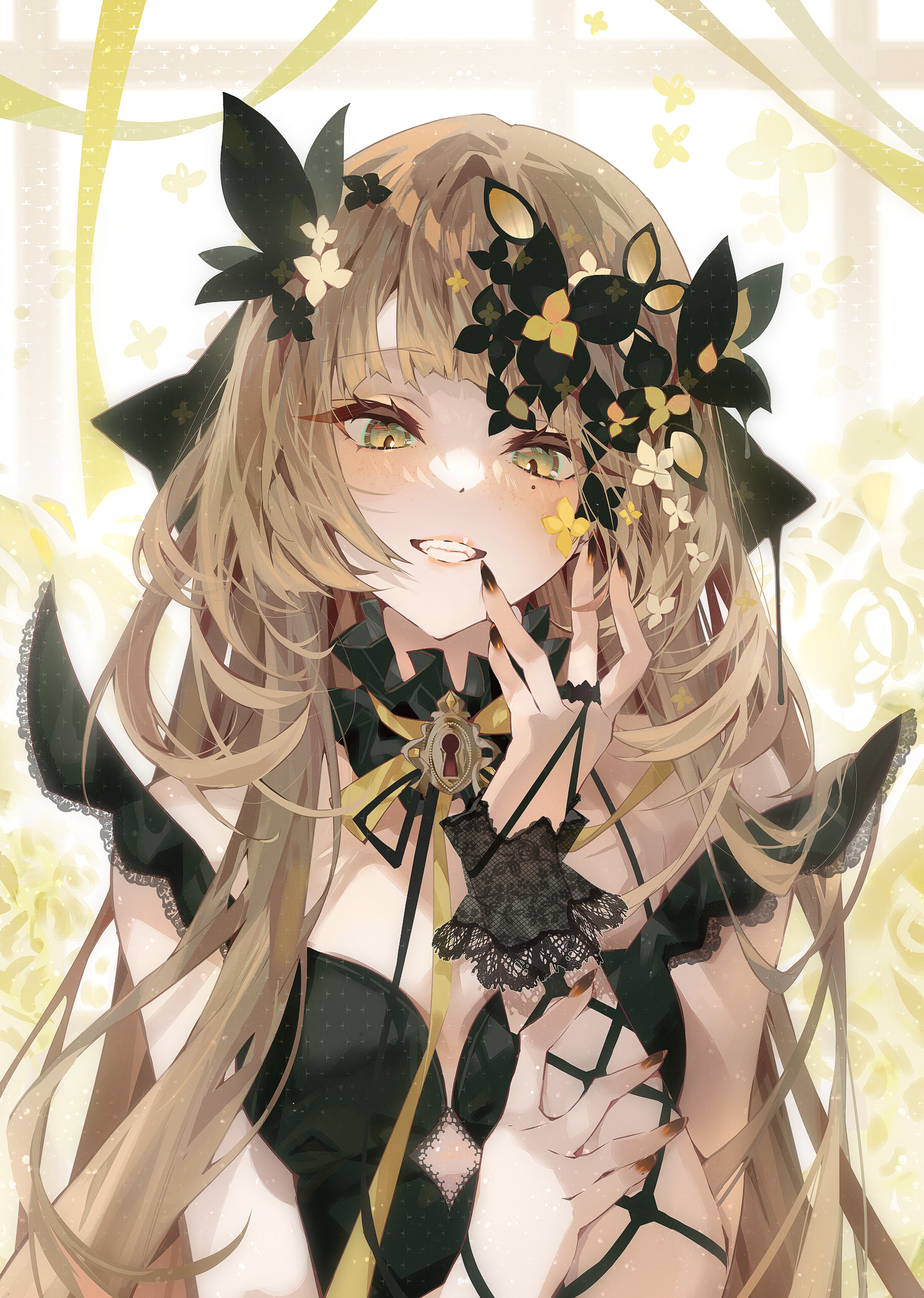 Anime girl with blonde hair and flowers in hair HD Phone Wallpaper