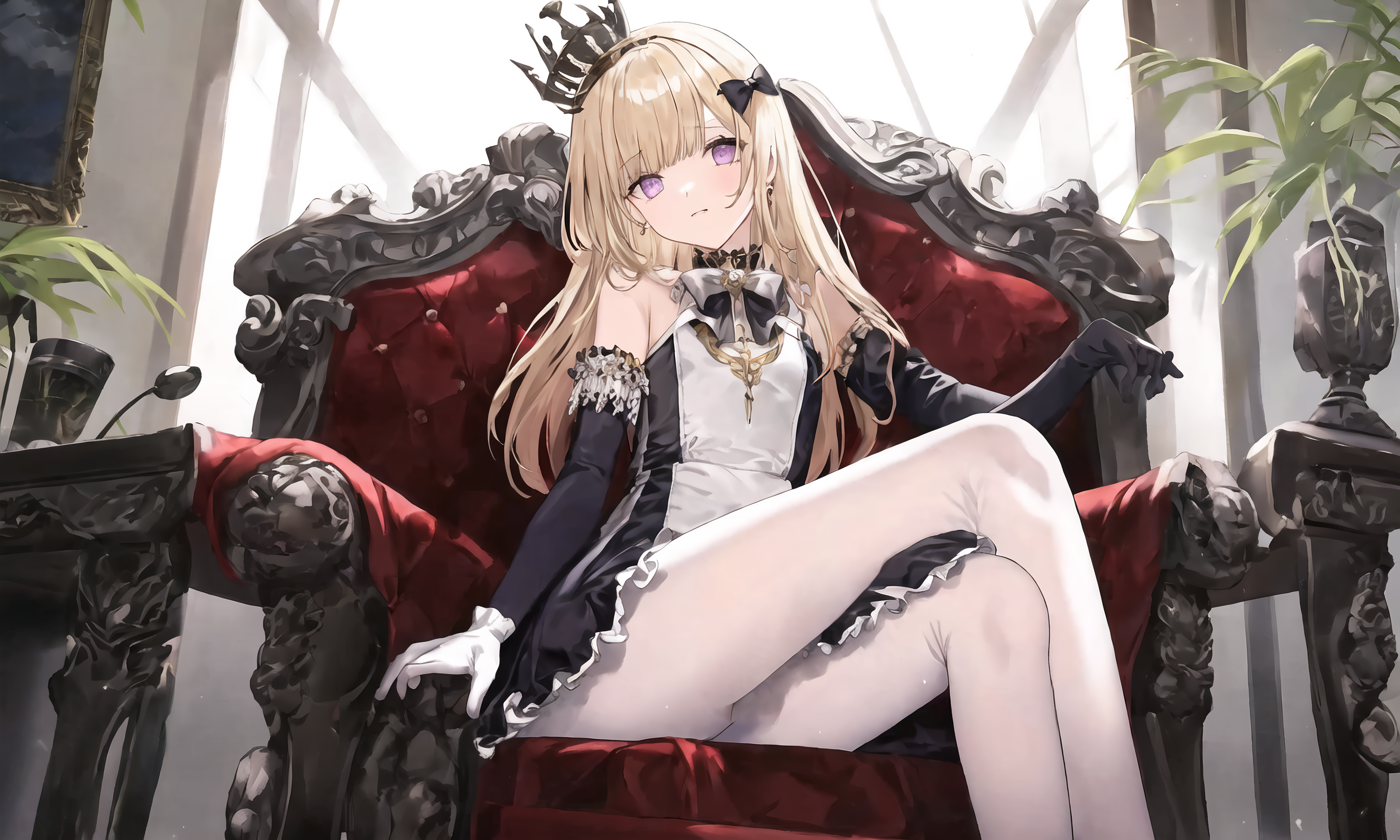 Blonde princess with purple eyes sitting on a throne HD Wallpaper