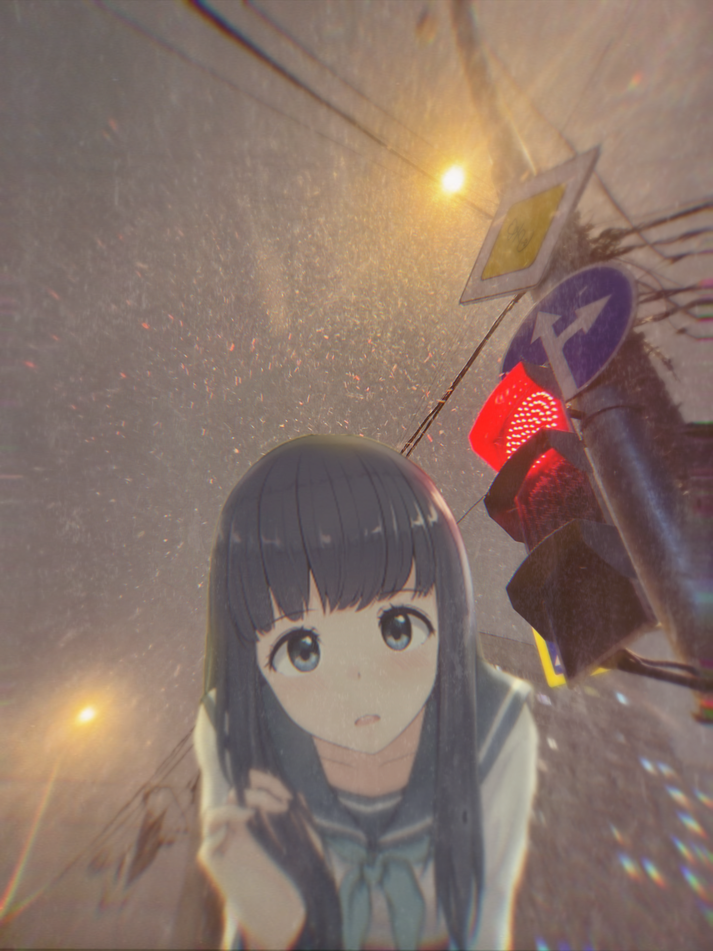 Anime schoolgirl in the rain at a traffic light HD Phone Wallpaper
