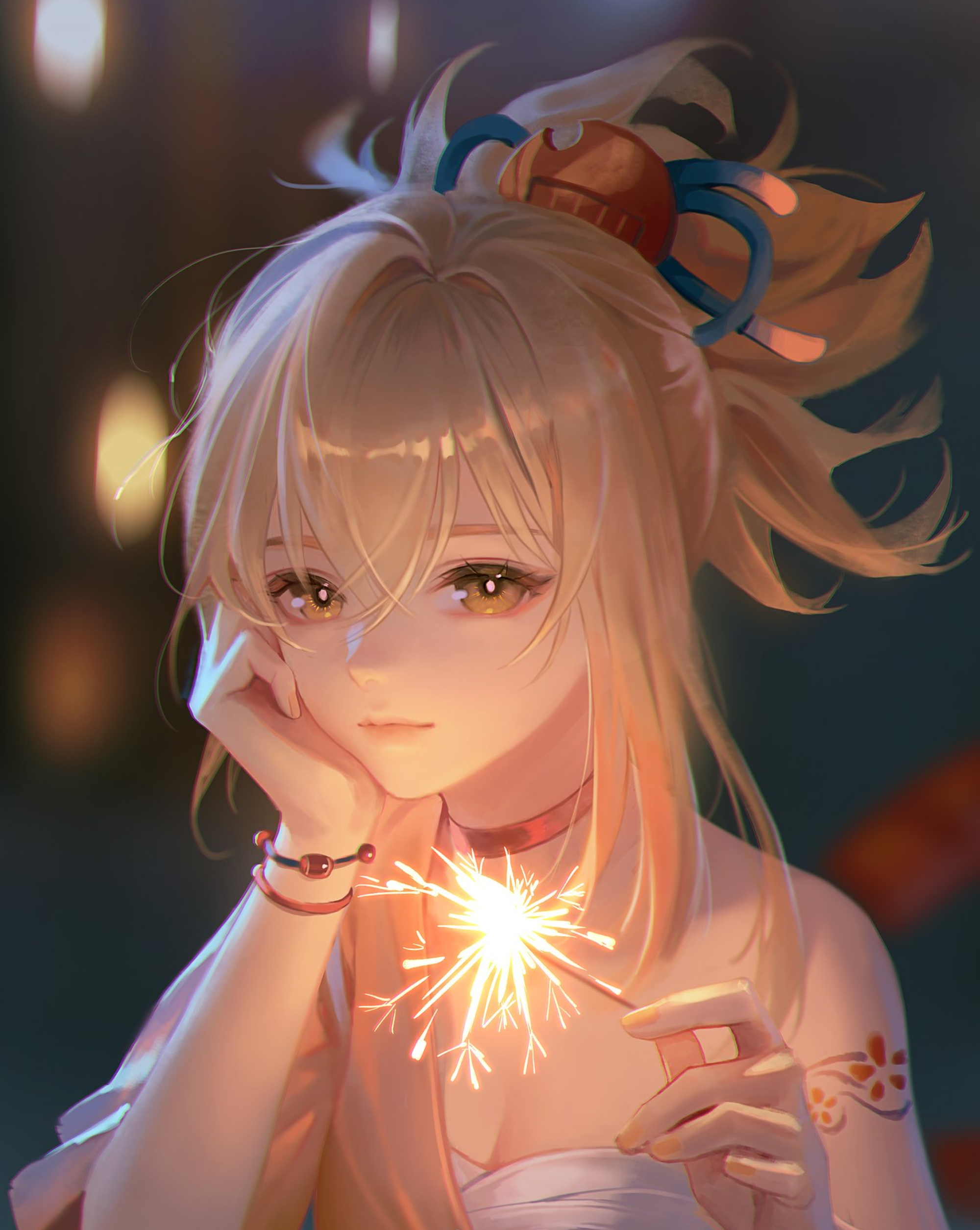 Yoimiya from Genshin Impact holding a sparkler HD Phone Wallpaper
