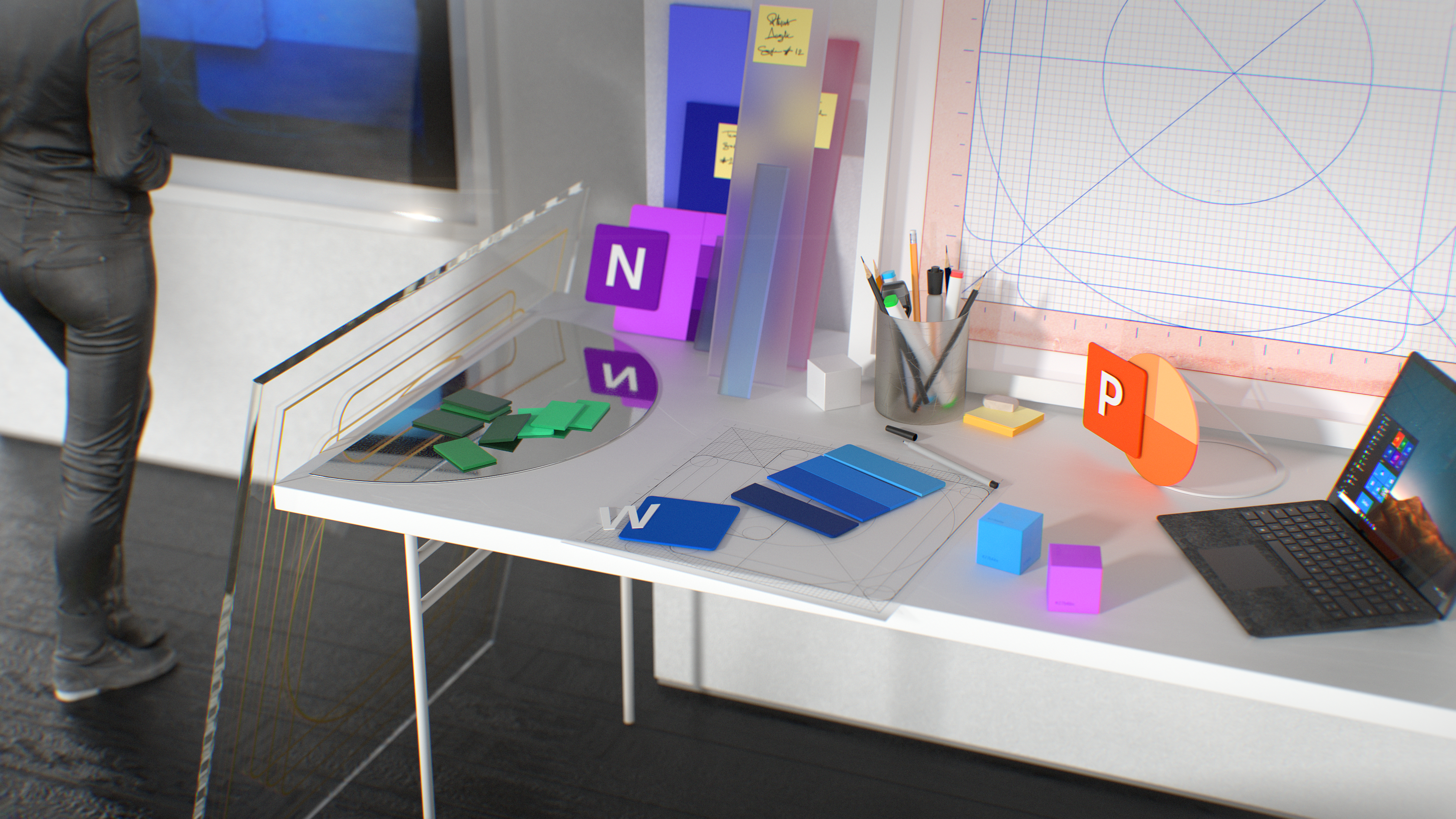 Microsoft Office logos on a desk with a laptop HD Wallpaper