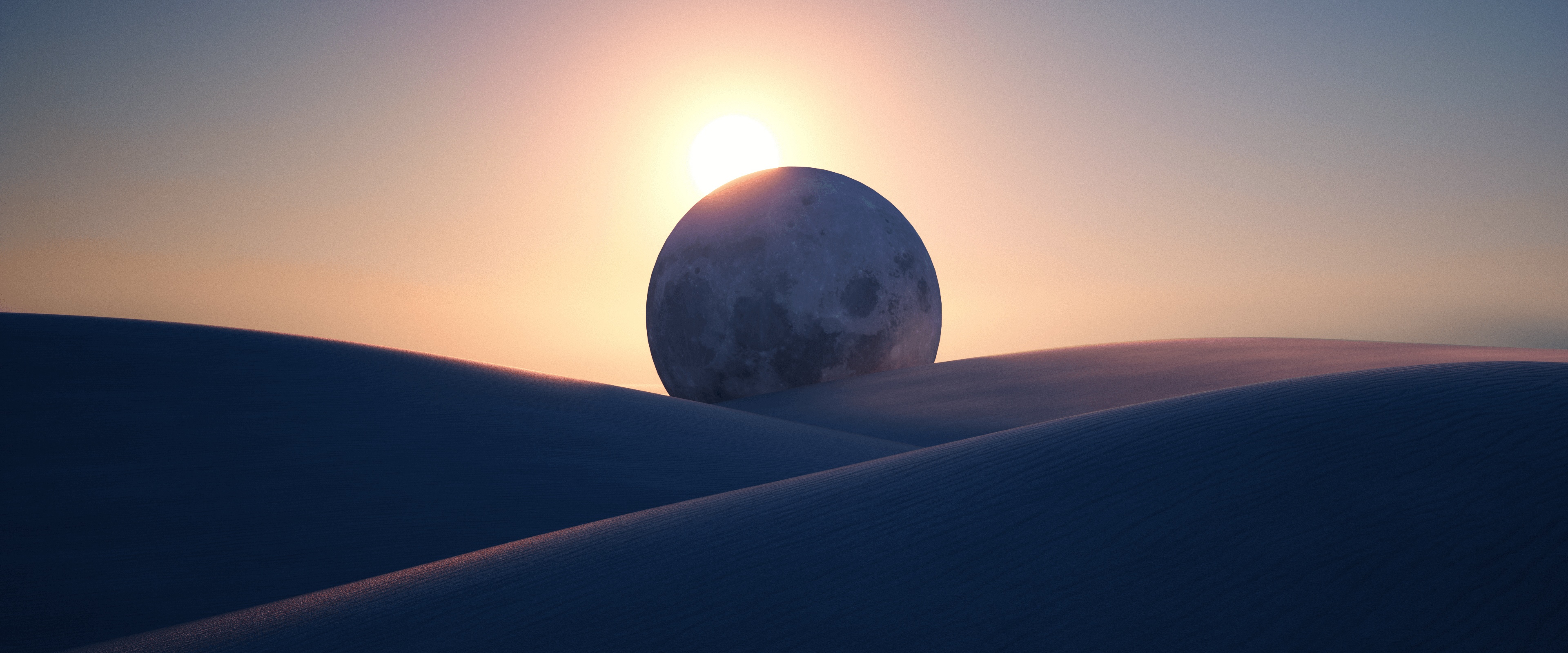 4K Sun and Moon over Desert Dunes HD Wallpaper
