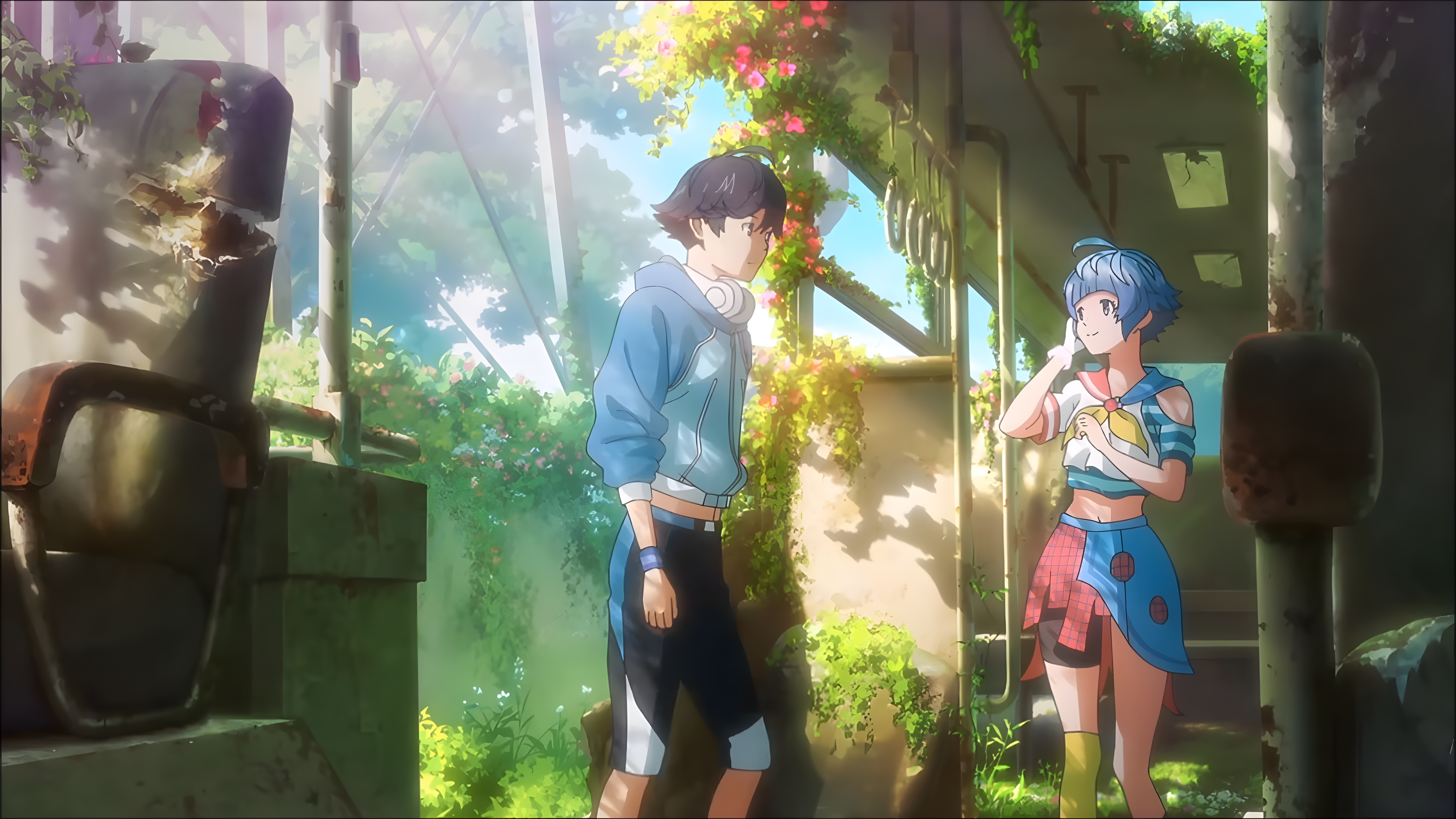 4K Uta and Hibiki in an overgrown industrial setting HD Wallpaper