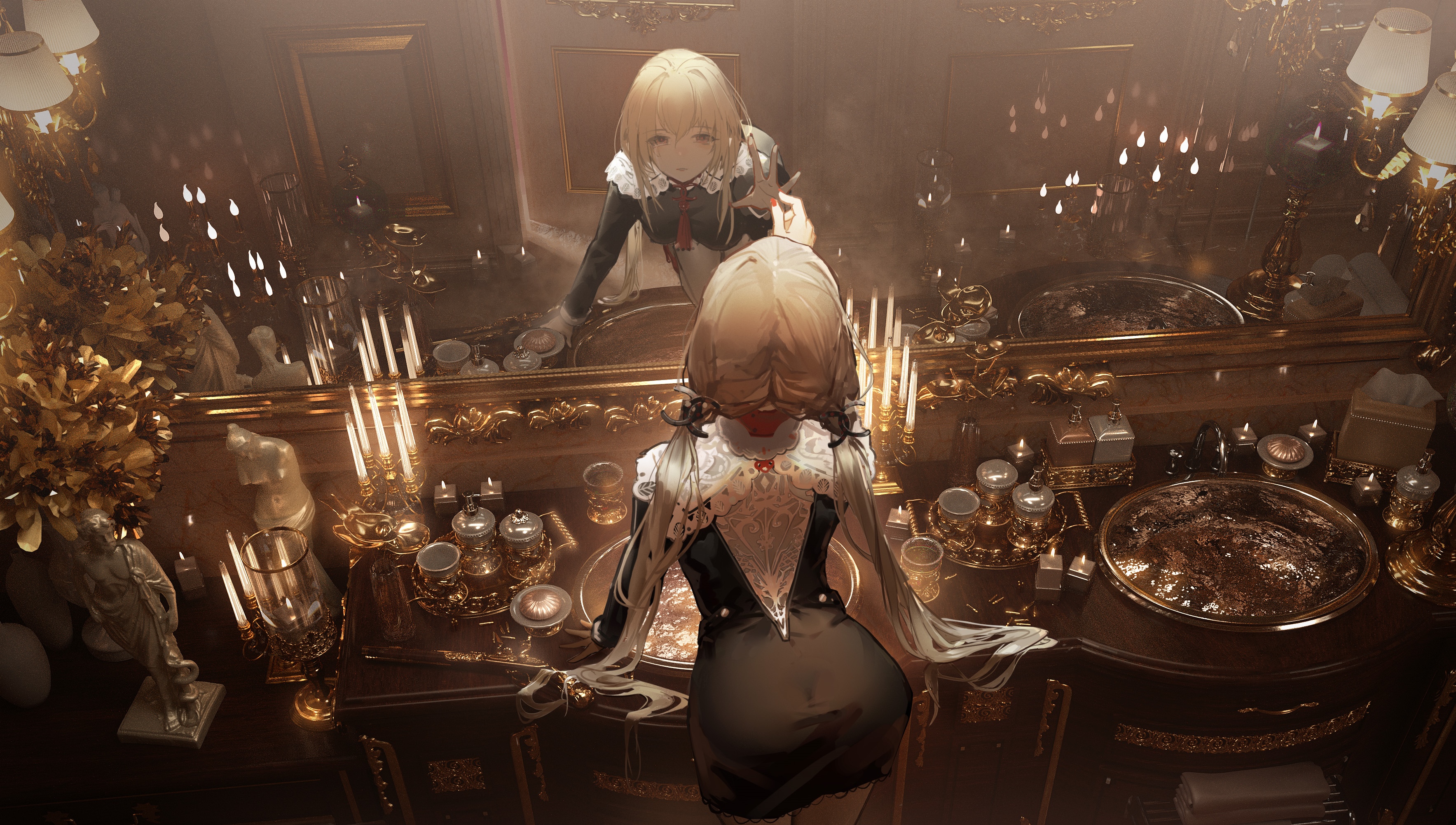 Maid in a luxurious room with candles and reflection HD Wallpaper