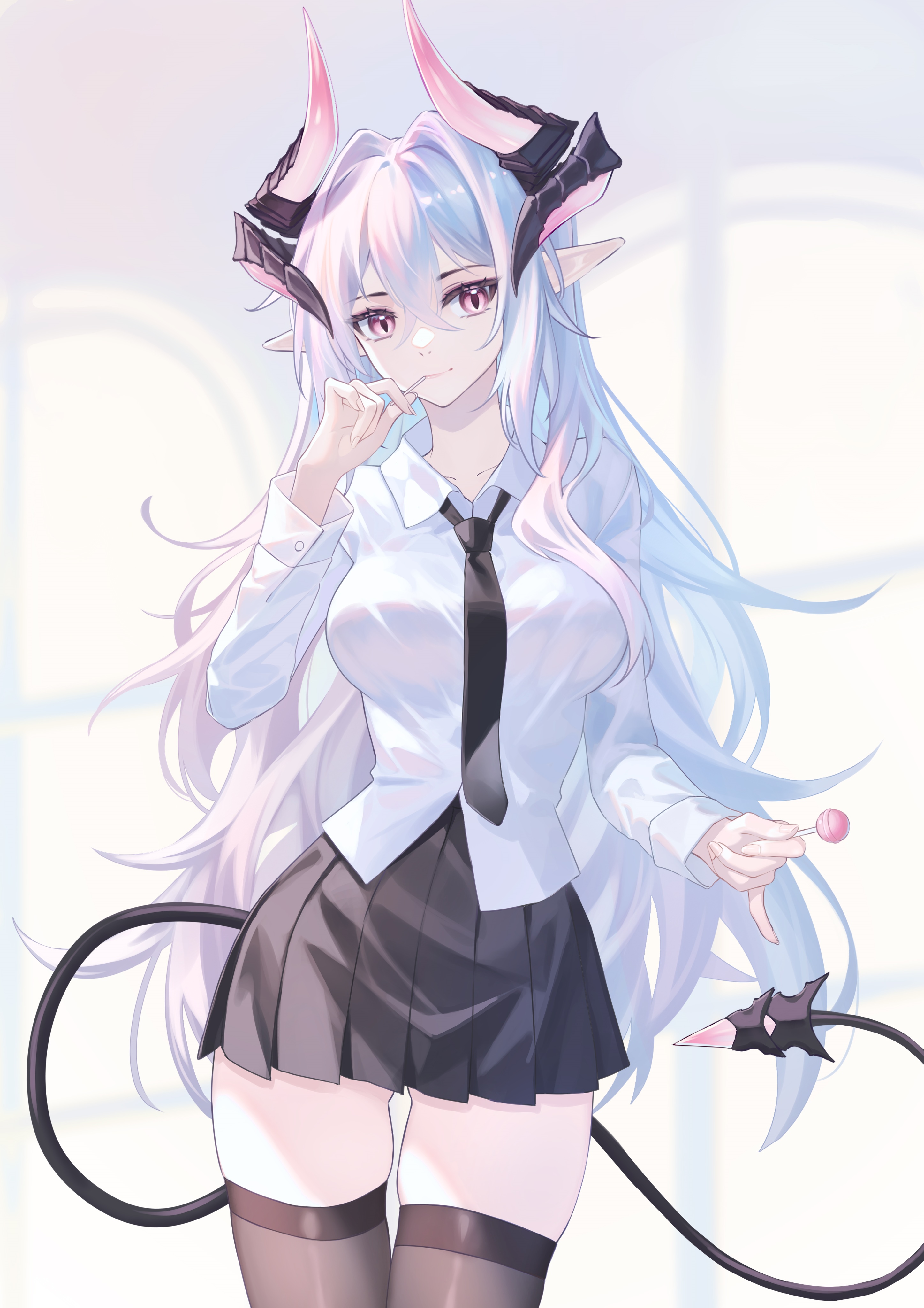Anime girl with horns and tail holding a lollipop HD Phone Wallpaper