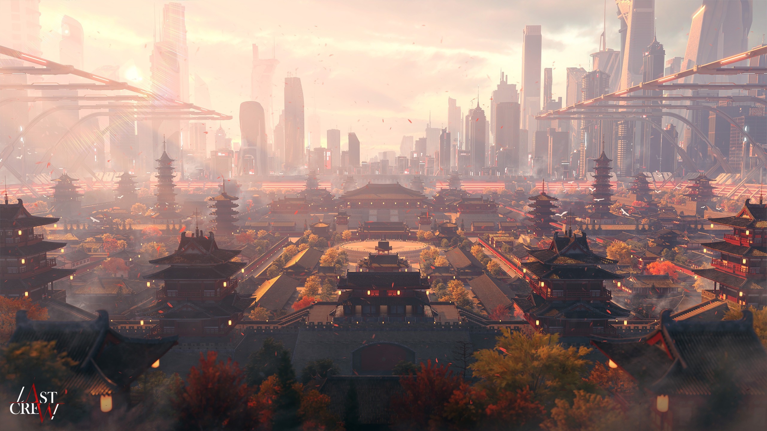 Futuristic city with traditional Asian architecture HD Wallpaper