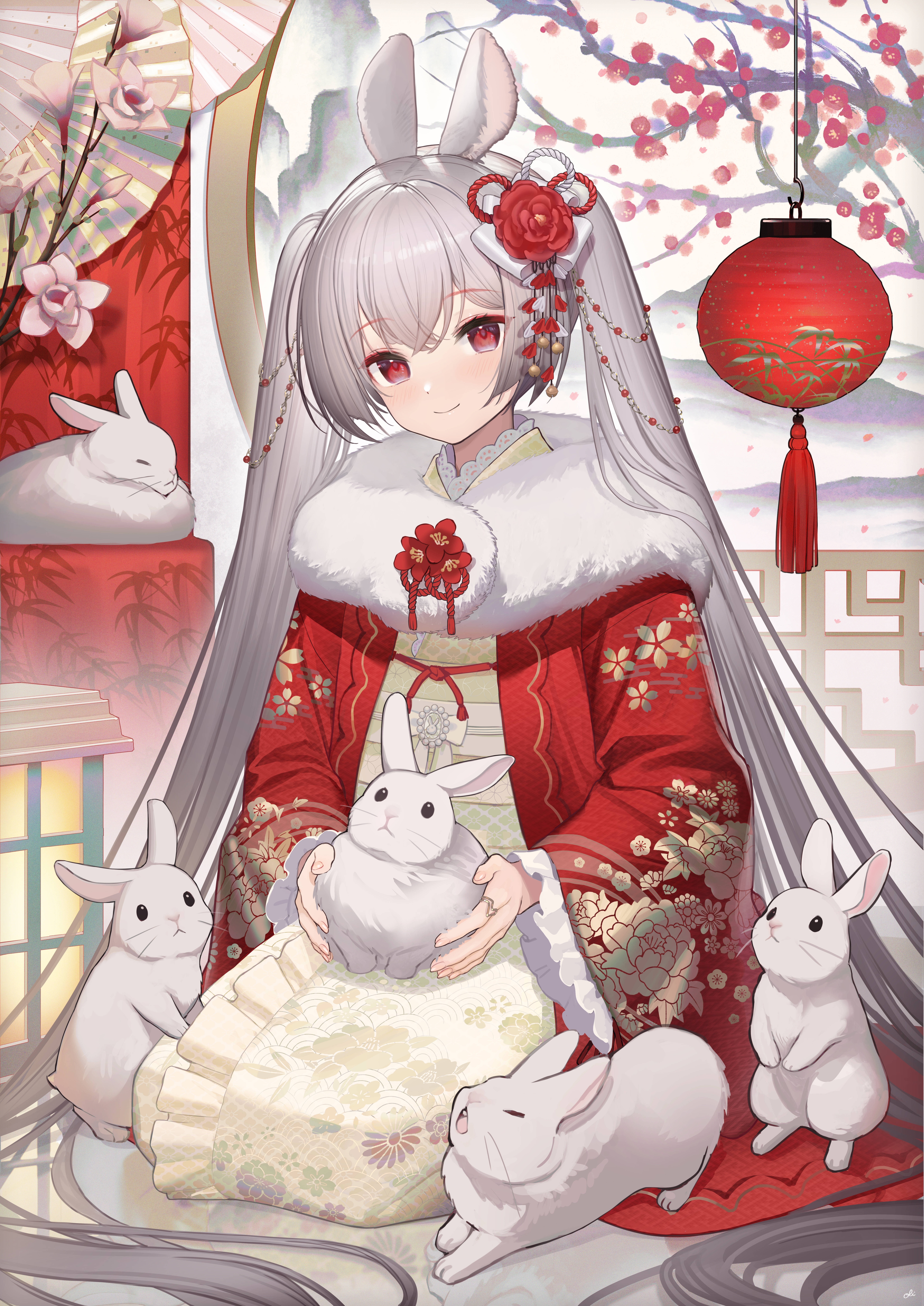 Anime Girl with Rabbits and Cherry Blossoms HD Phone Wallpaper