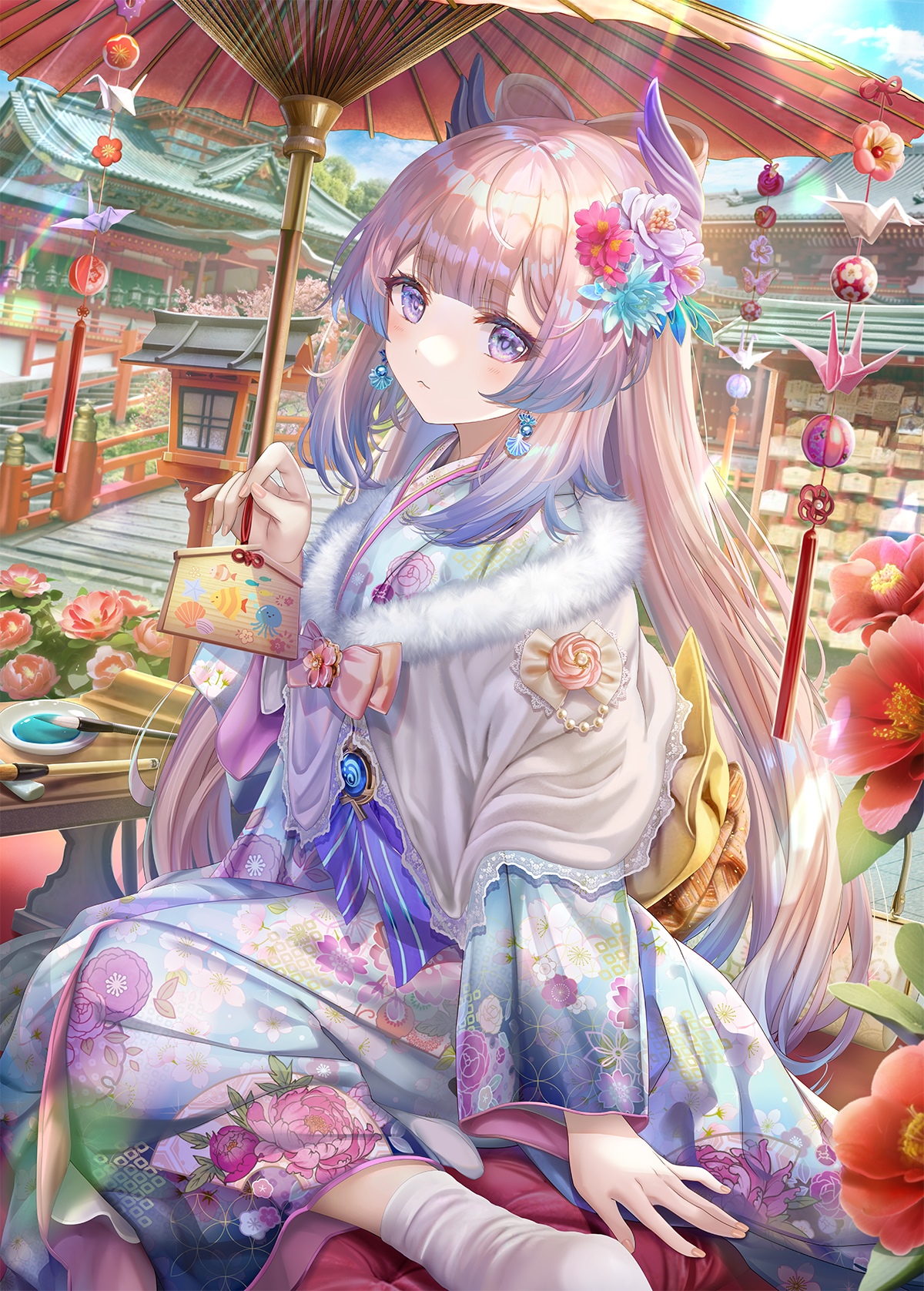 Sangonomiya Kokomi in a floral kimono with a parasol HD Phone Wallpaper