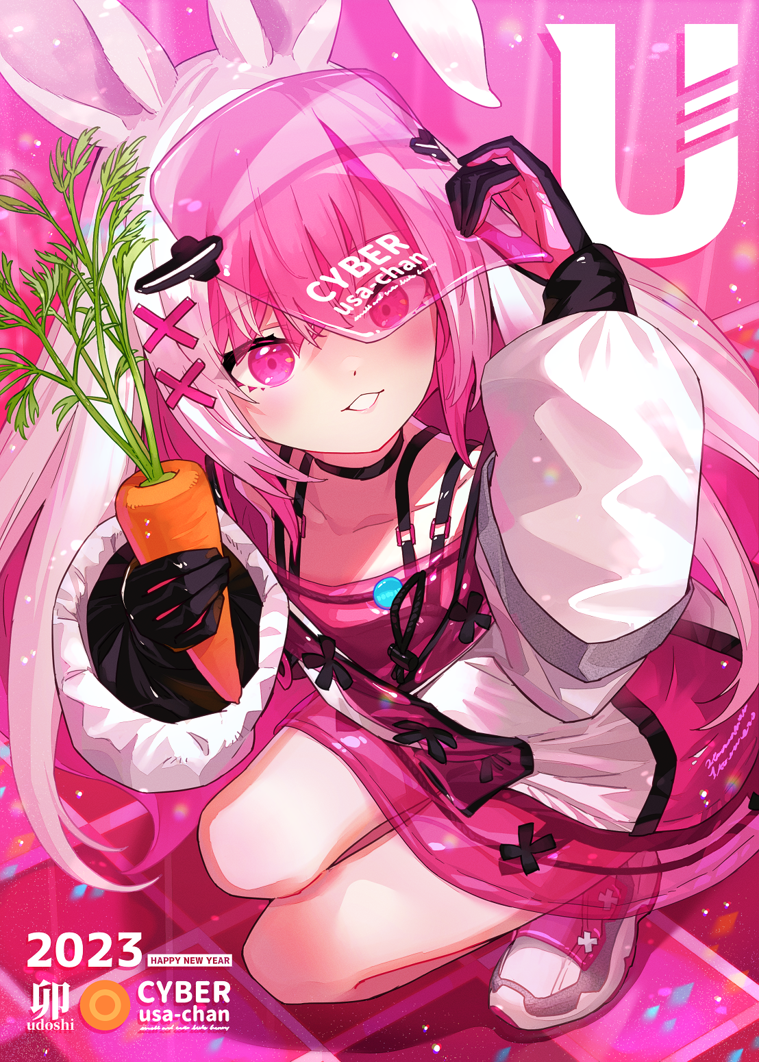 Cyber Usa-chan with Carrot and Bunny Ears HD Phone Wallpaper