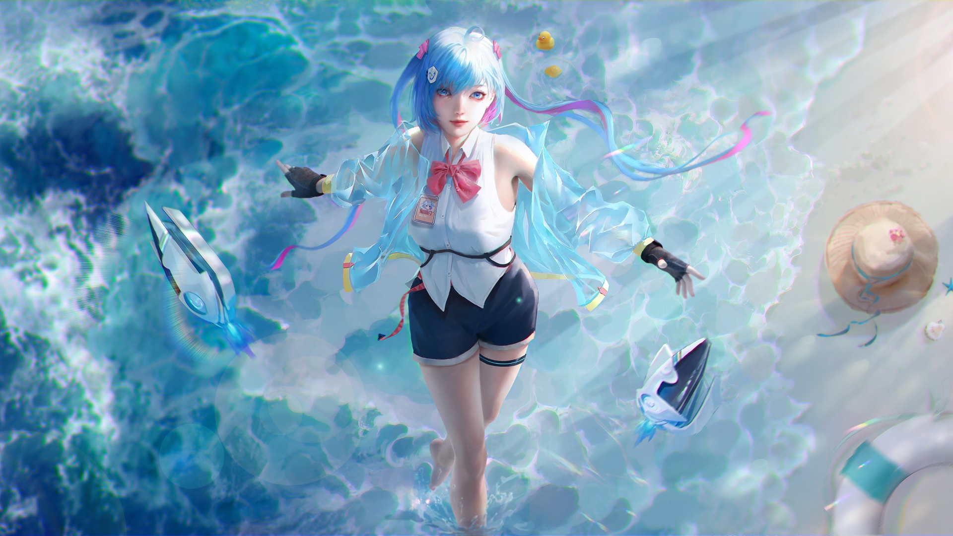 Girl with blue hair in water with futuristic devices HD Wallpaper