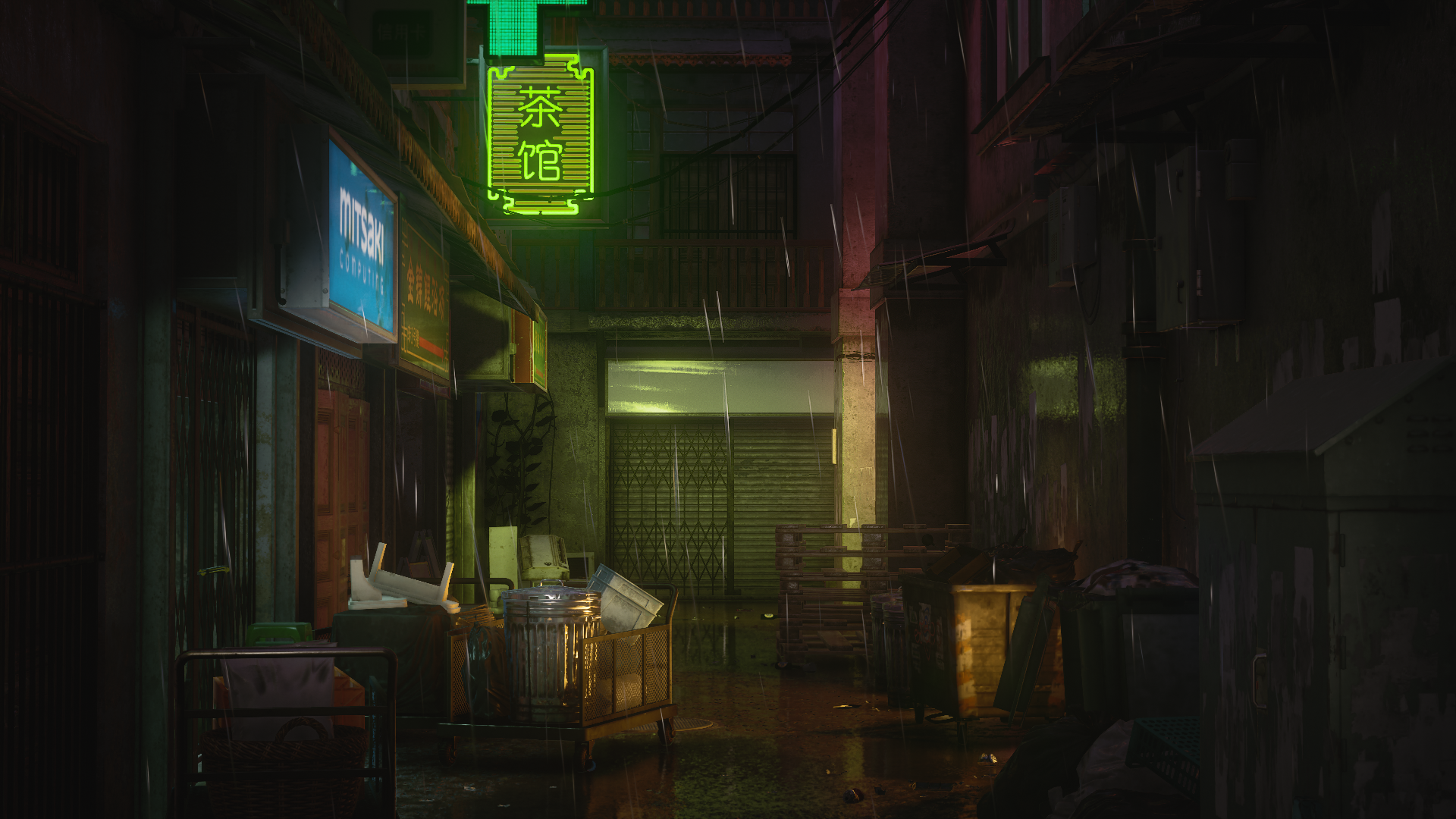 Rainy Alleyway with Neon Signs HD Wallpaper