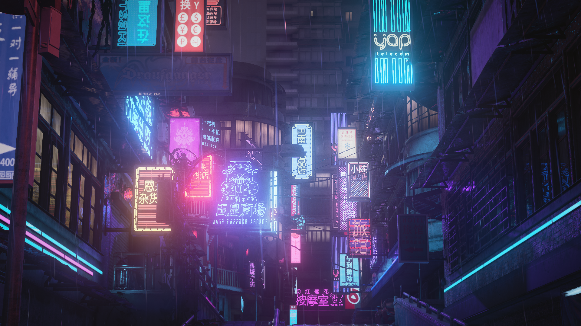 Neon signs in a rainy cyberpunk city alley HD Wallpaper