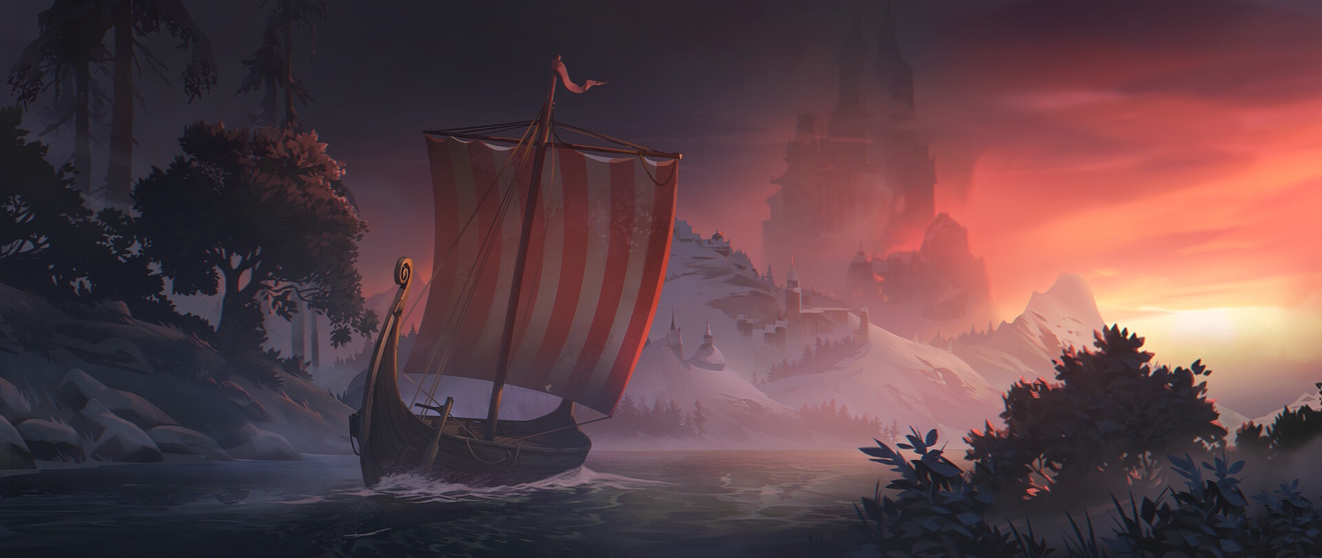 Viking longship sails past snowy mountains at sunset HD Wallpaper
