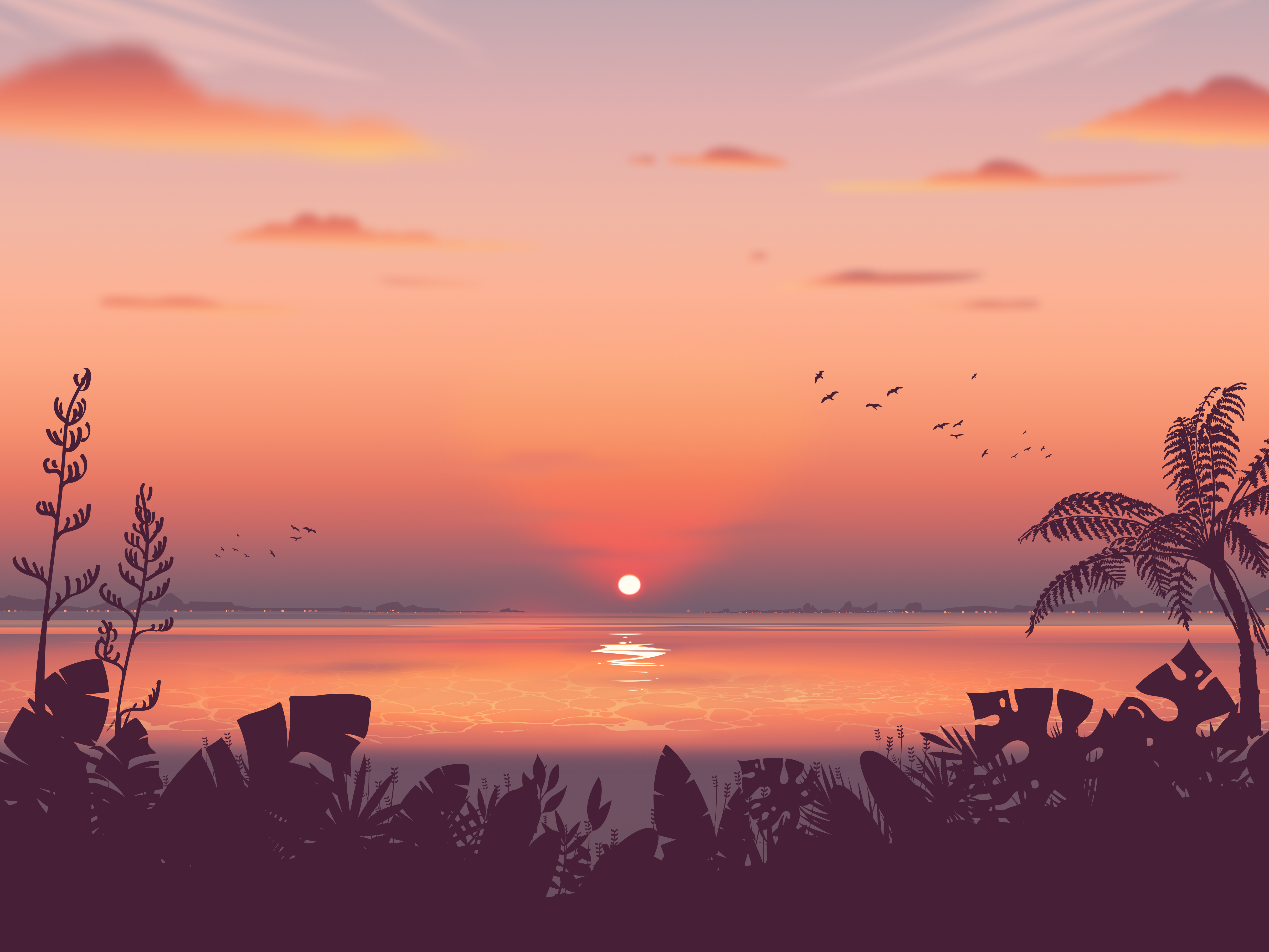 Sunset over water with palm trees and foliage HD Wallpaper