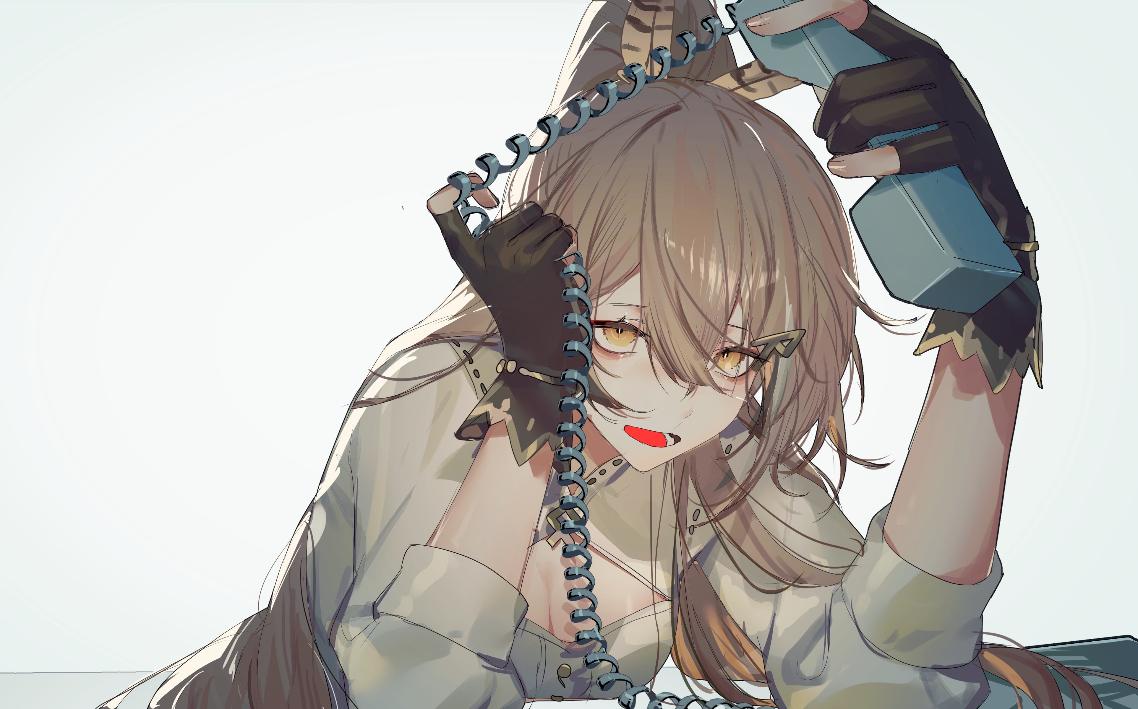 Nanashi Mumei holding a vintage phone with gloves HD Wallpaper