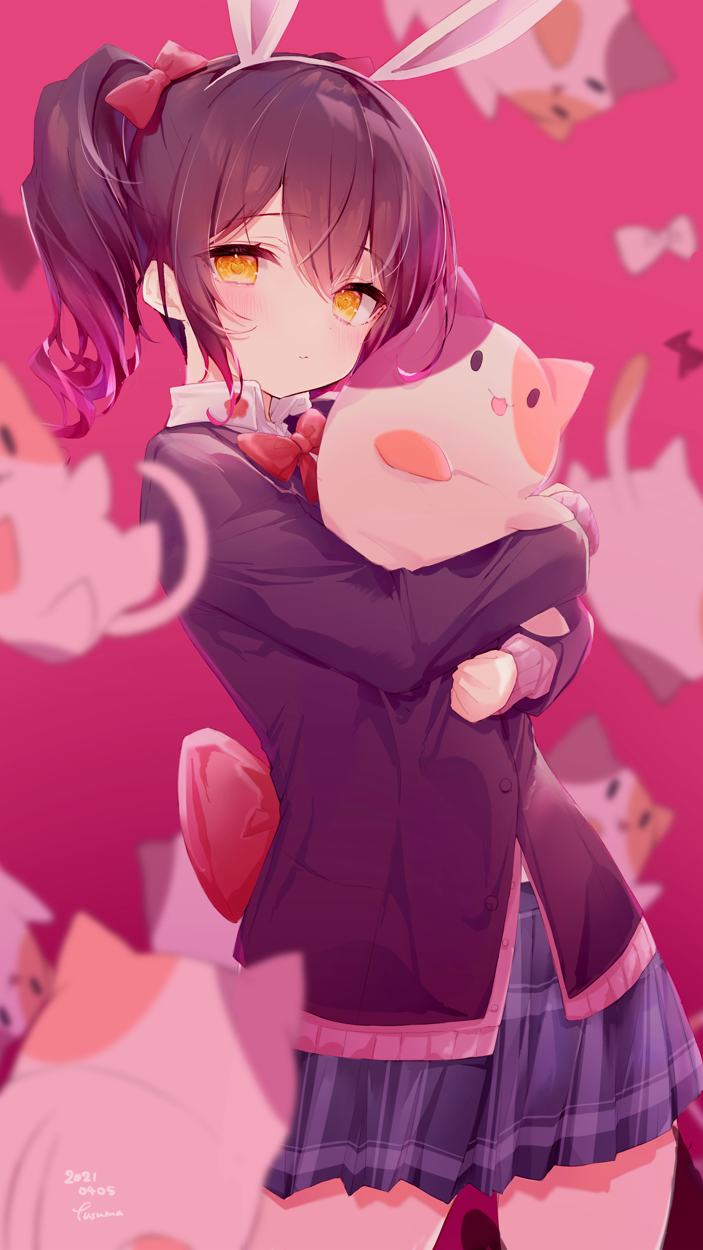 Anime girl with bunny ears holding a plush toy HD Phone Wallpaper
