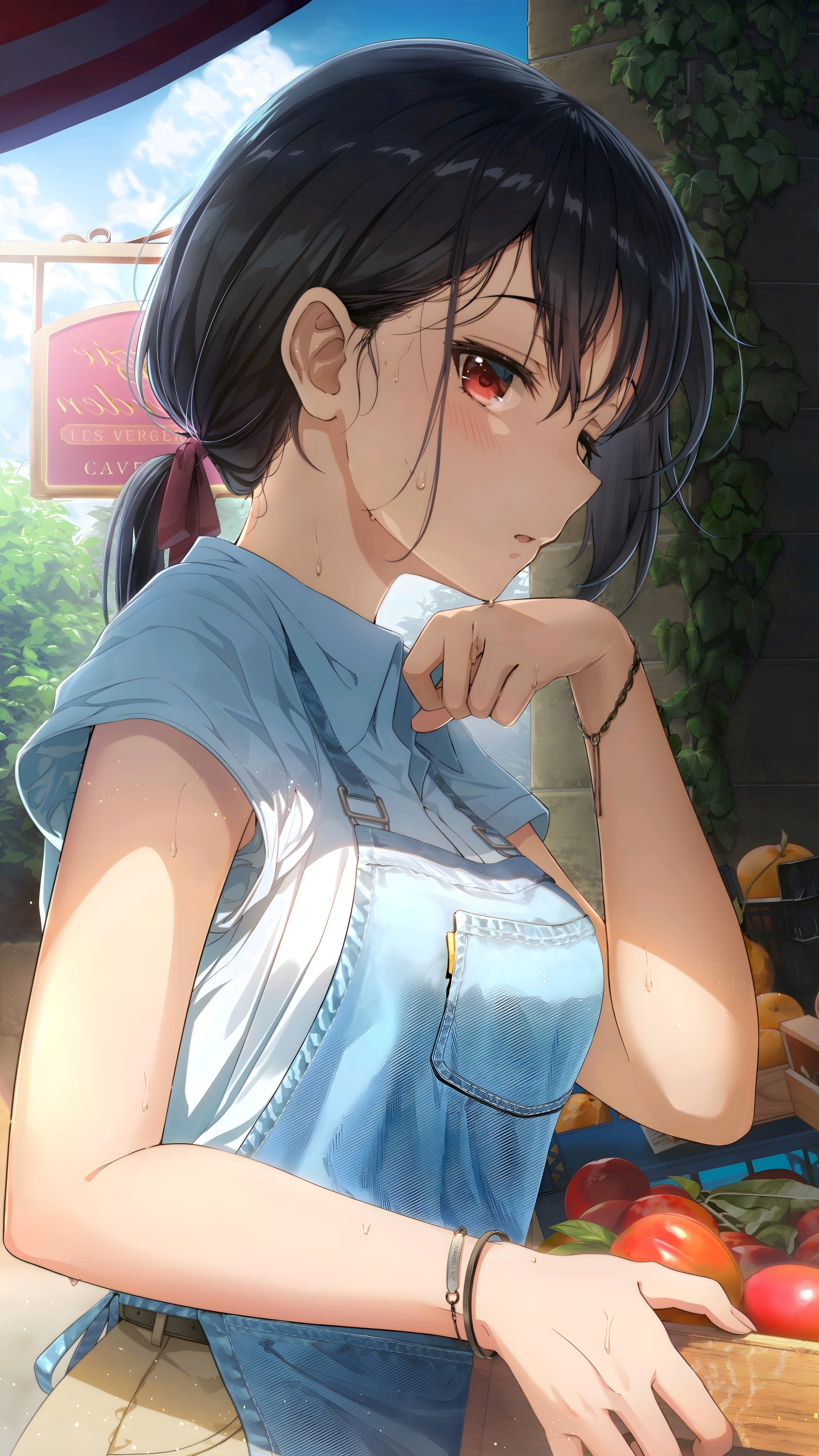 Anime girl with red eyes at a fruit stand HD Phone Wallpaper