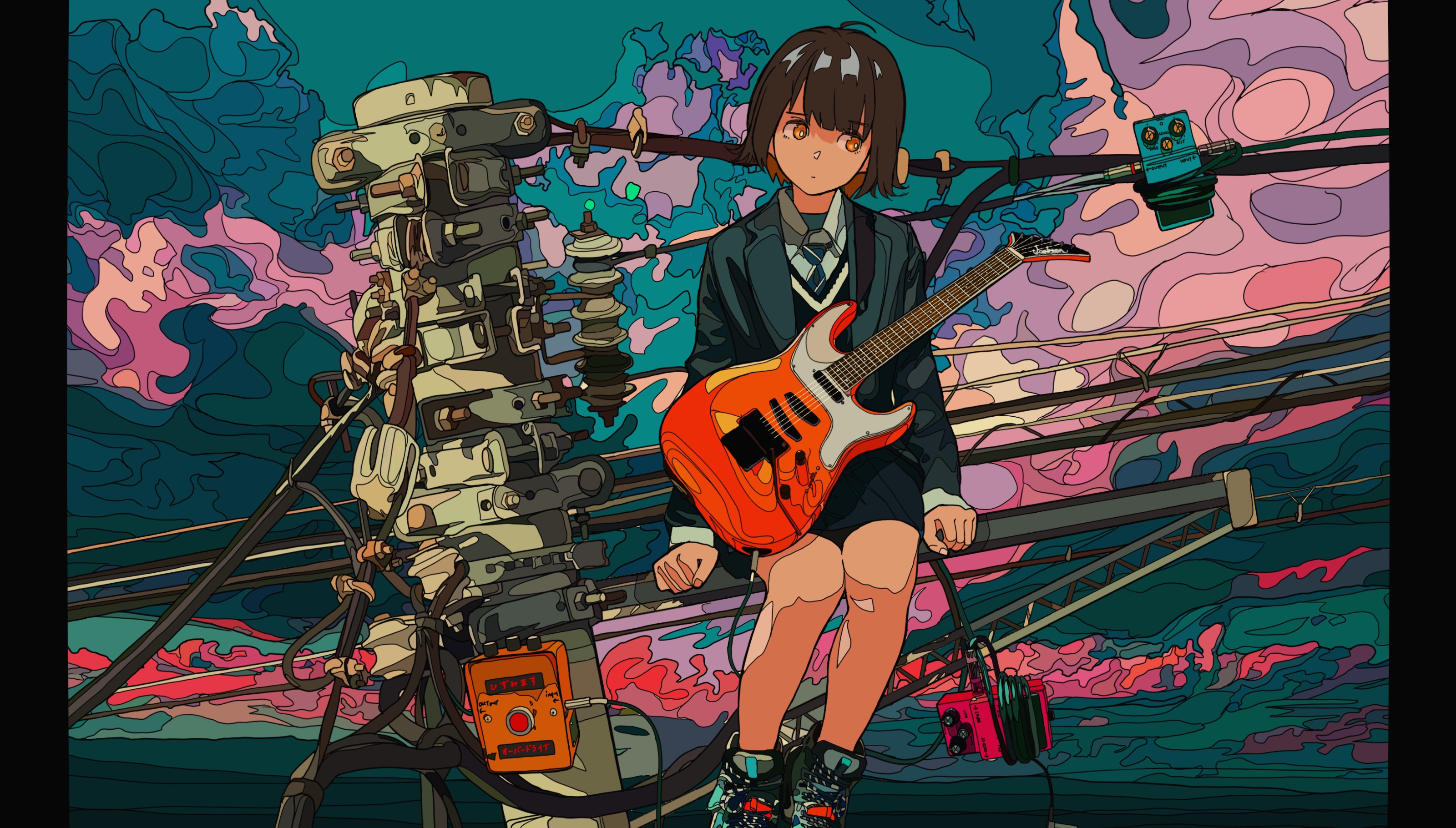 Girl with guitar on power lines HD Wallpaper