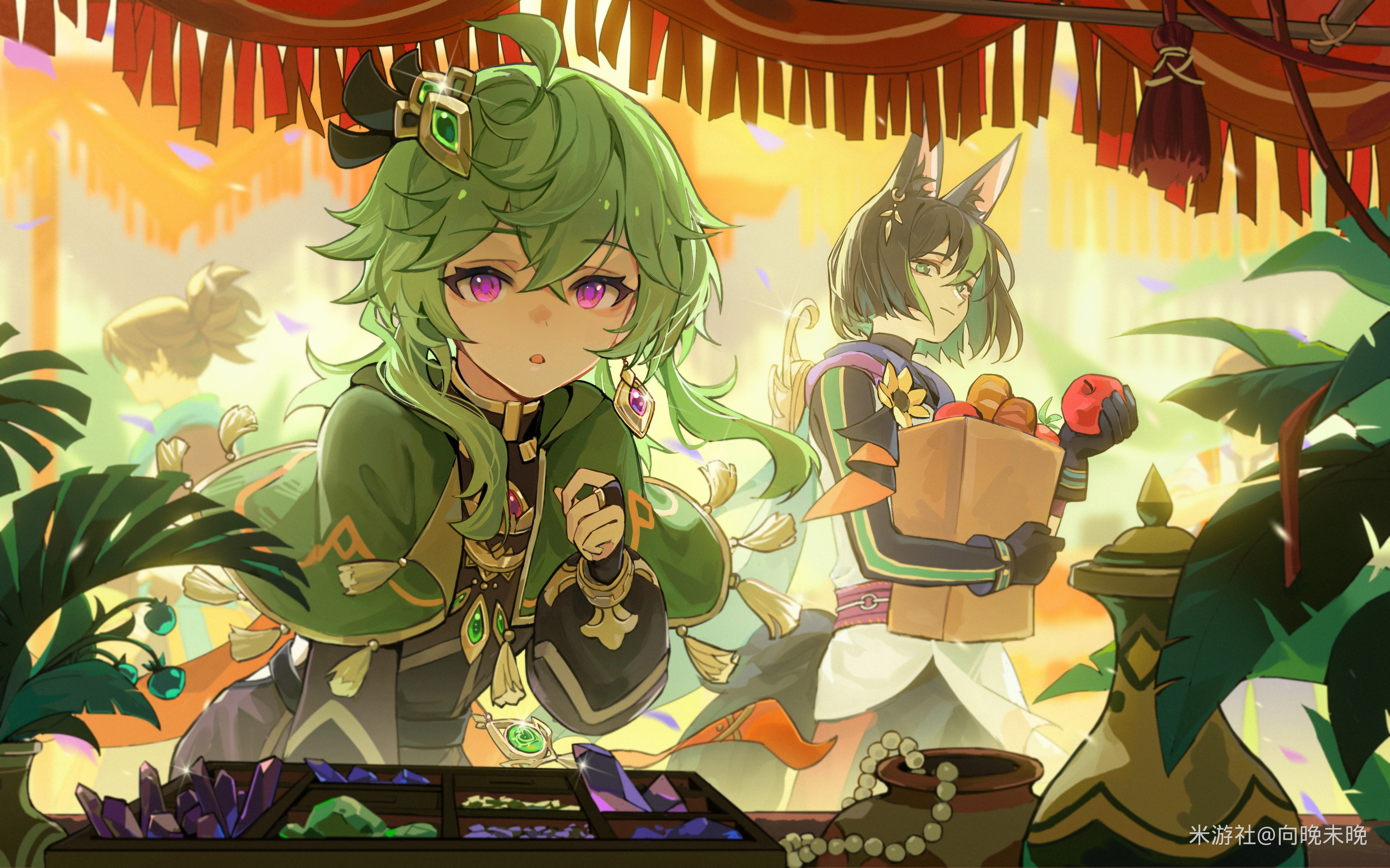 Collei and Tighnari at a market stall in Genshin Impact HD Wallpaper