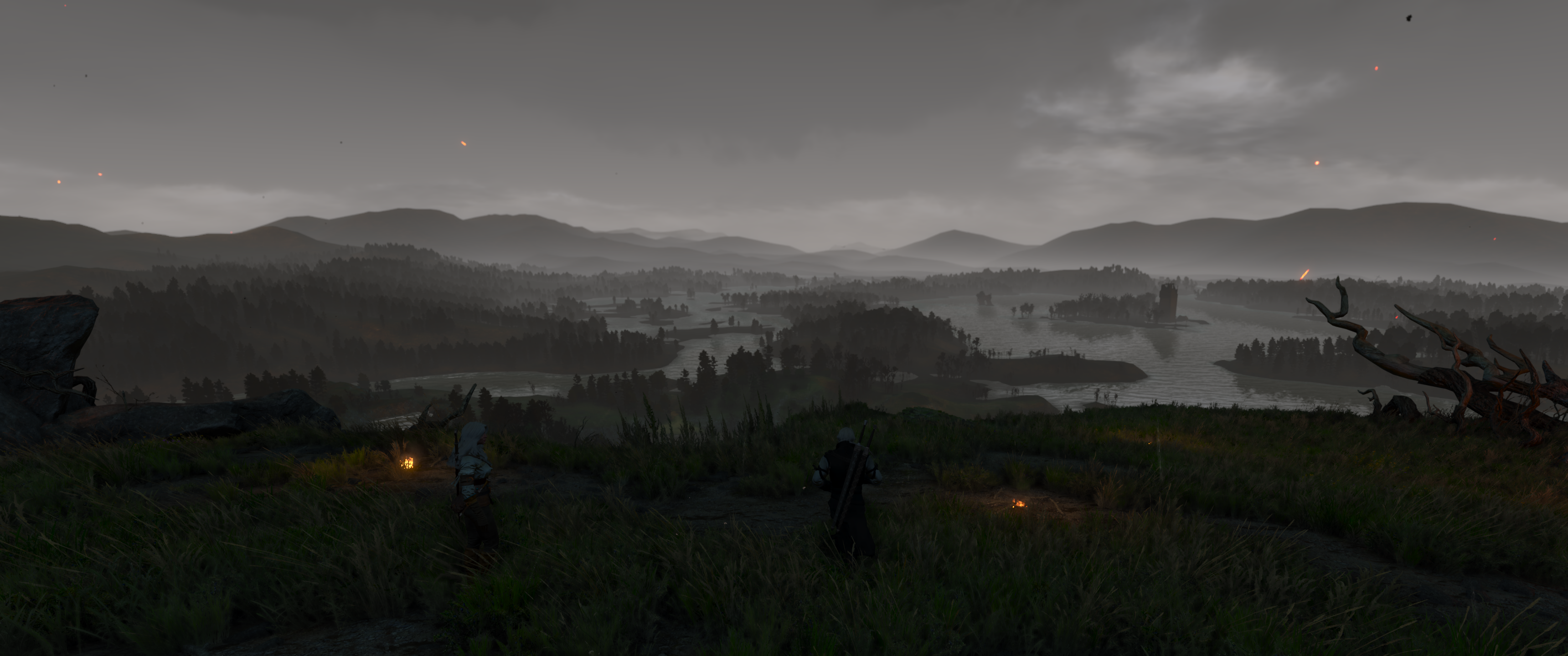 The Witcher 3: Wild Hunt landscape with two figures HD Wallpaper