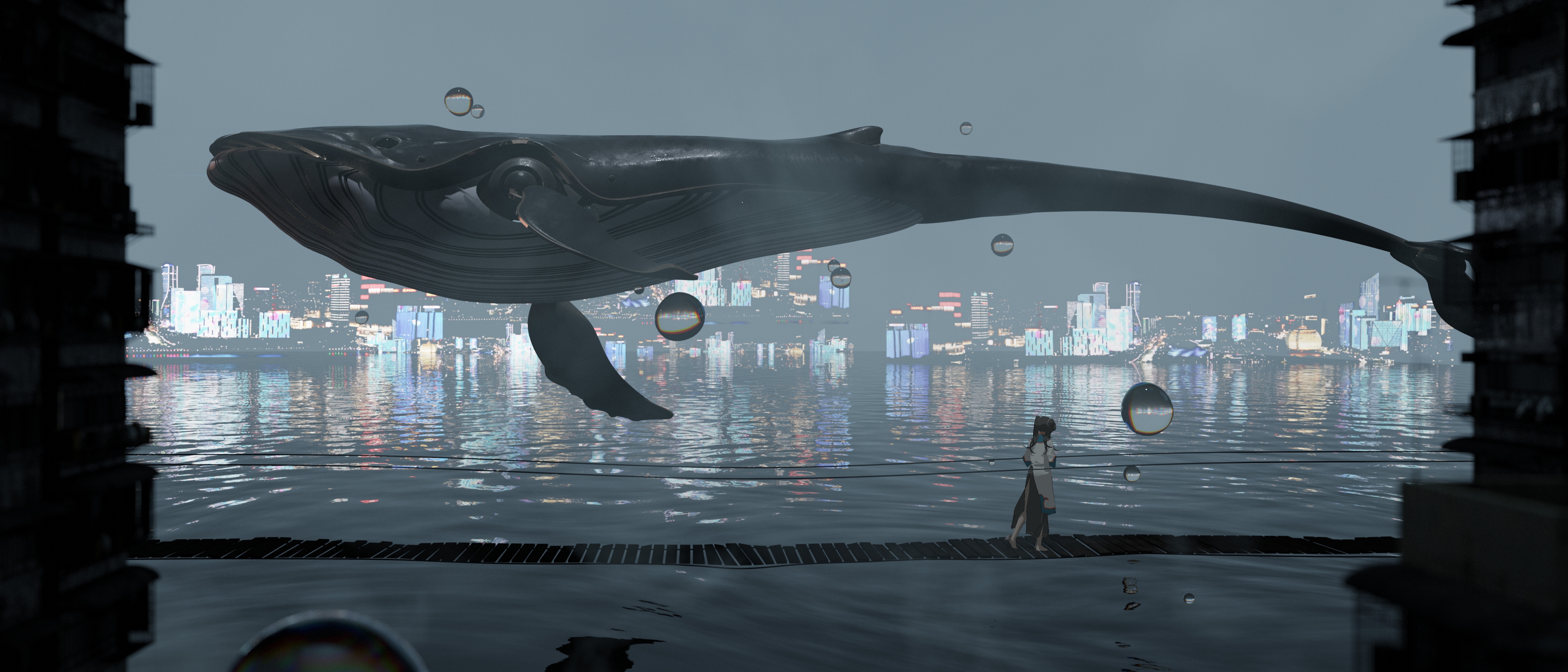 4K Whale and City Lights Over Water HD Wallpaper