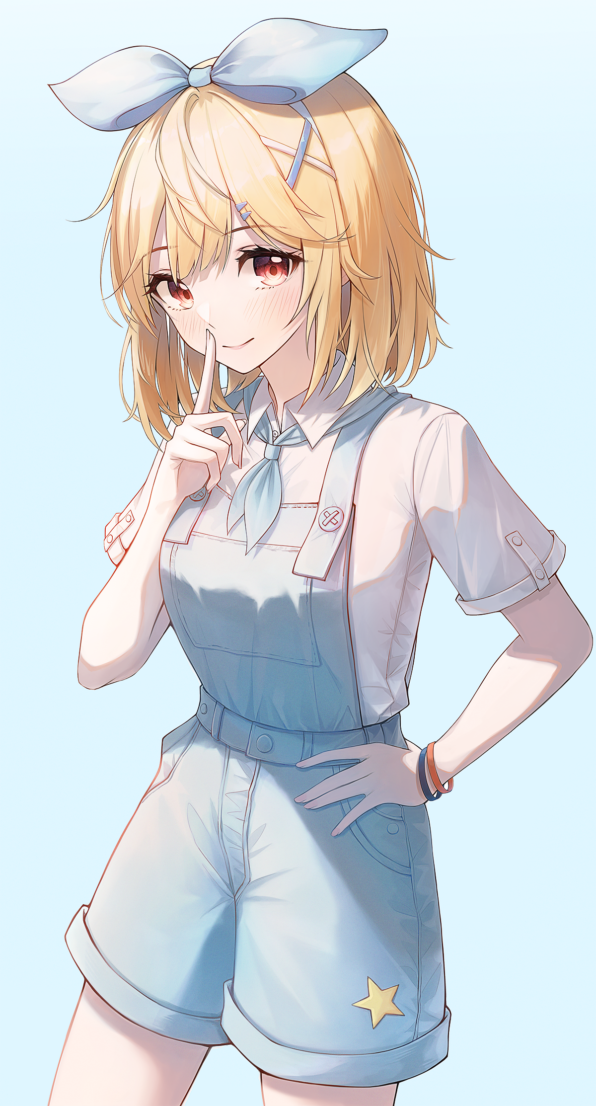 Anime girl with blonde hair and red eyes wearing shorts HD Phone Wallpaper