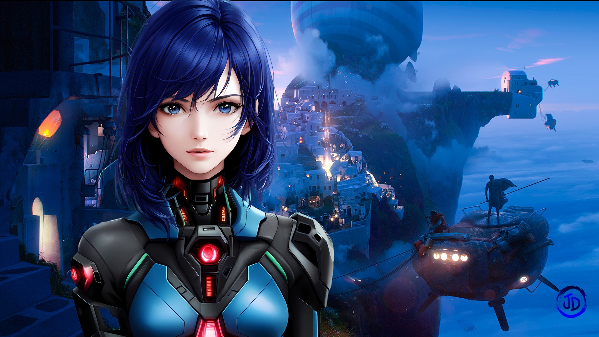 Futuristic woman with blue hair and eyes HD Wallpaper