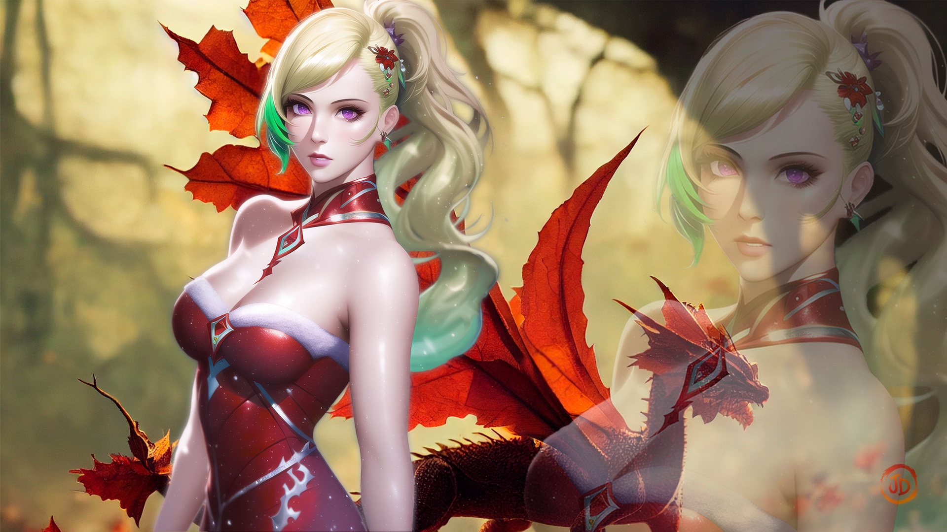 Anime girl with gradient hair and a dragon HD Wallpaper