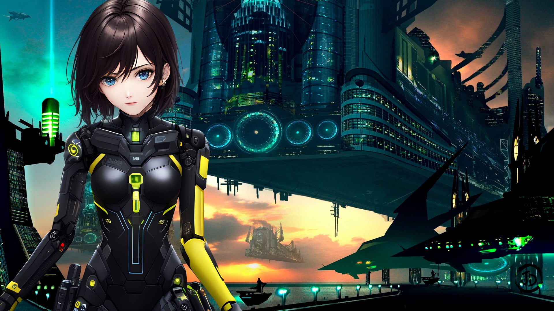 Anime cyborg girl in futuristic city HD Wallpaper