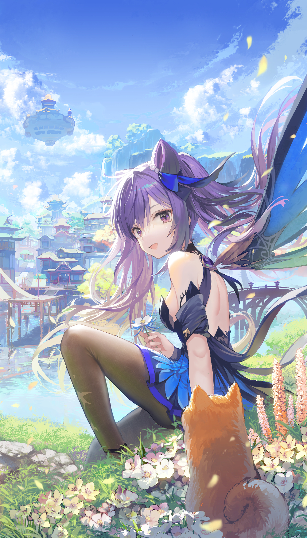Keqing from Genshin Impact with a dog and flowers HD Phone Wallpaper
