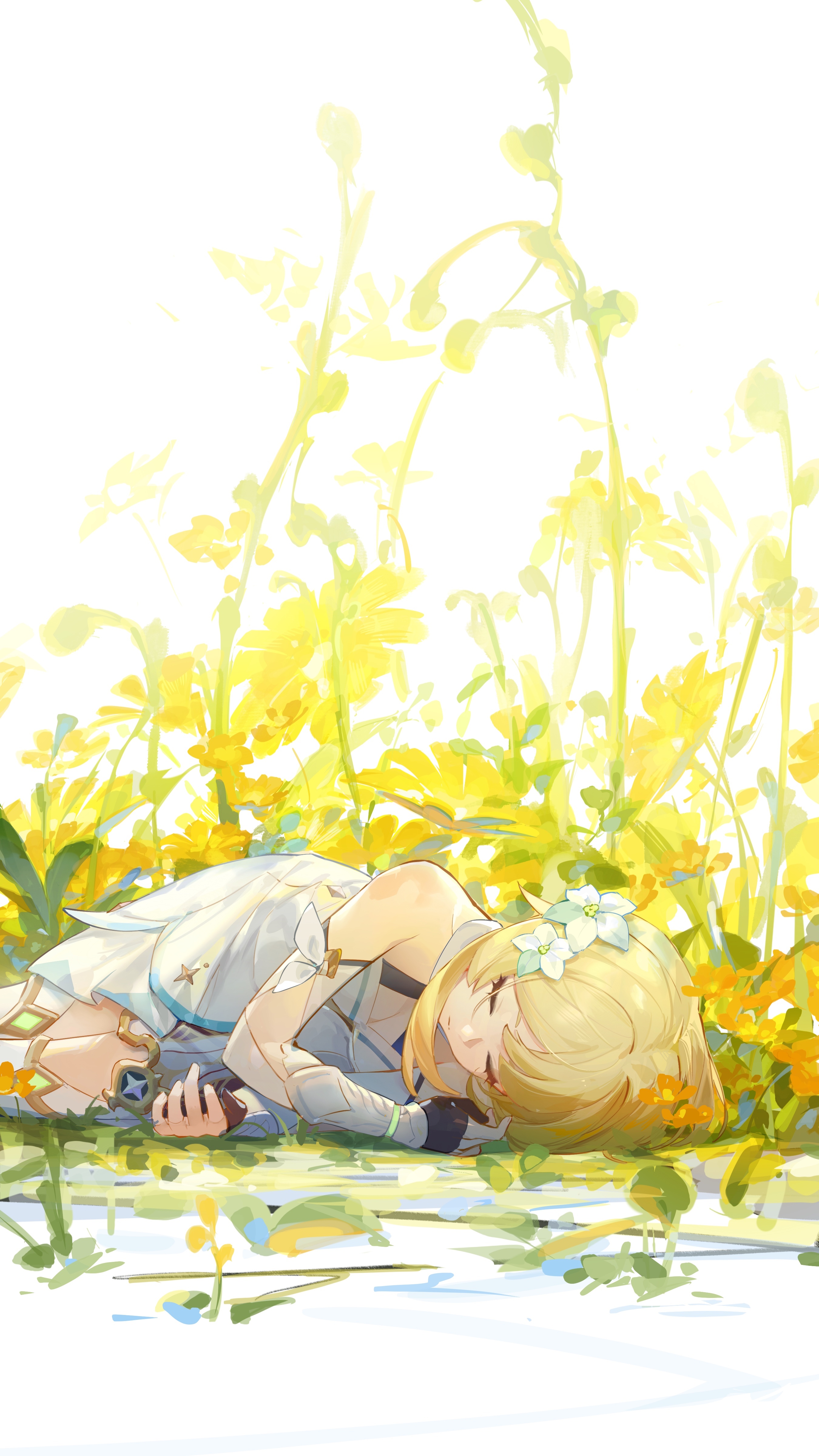 Lumine sleeping in a field of yellow flowers HD Phone Wallpaper