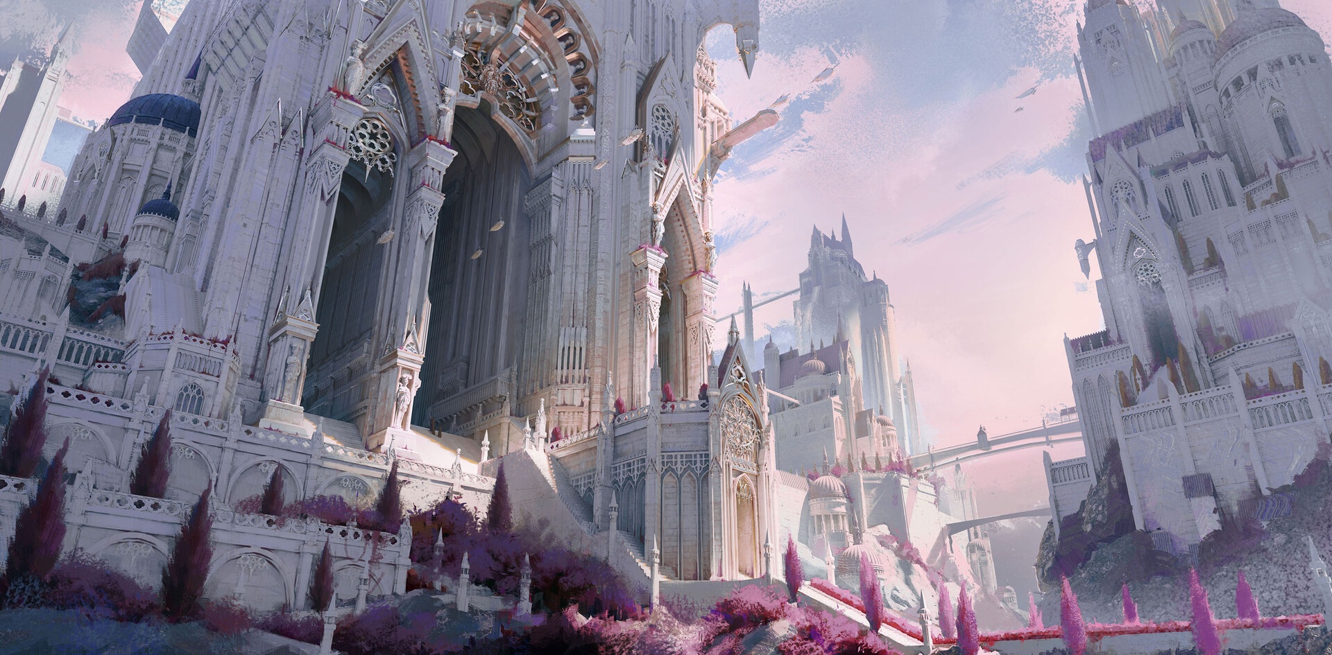 Fantasy castle architecture with pink flora HD Wallpaper