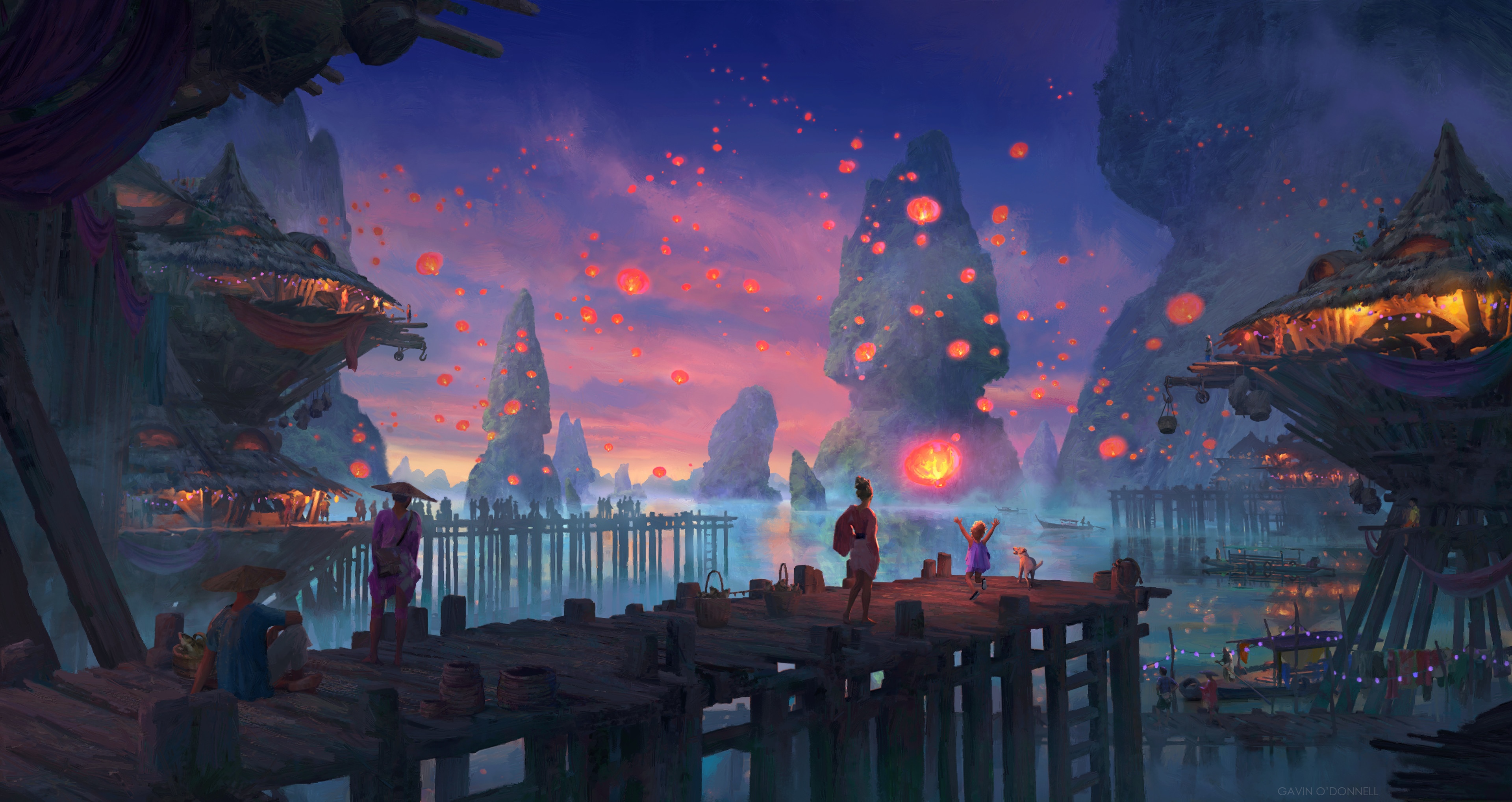 4K Sky Lanterns Over a Lake Village HD Wallpaper