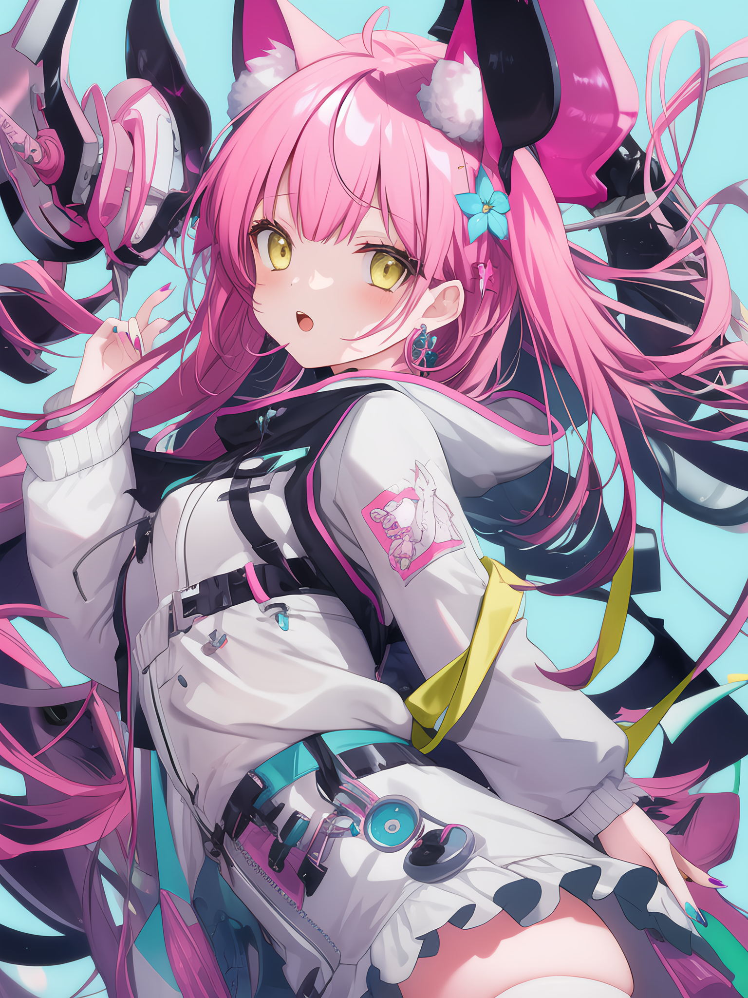Cat girl with pink hair and yellow eyes HD Phone Wallpaper