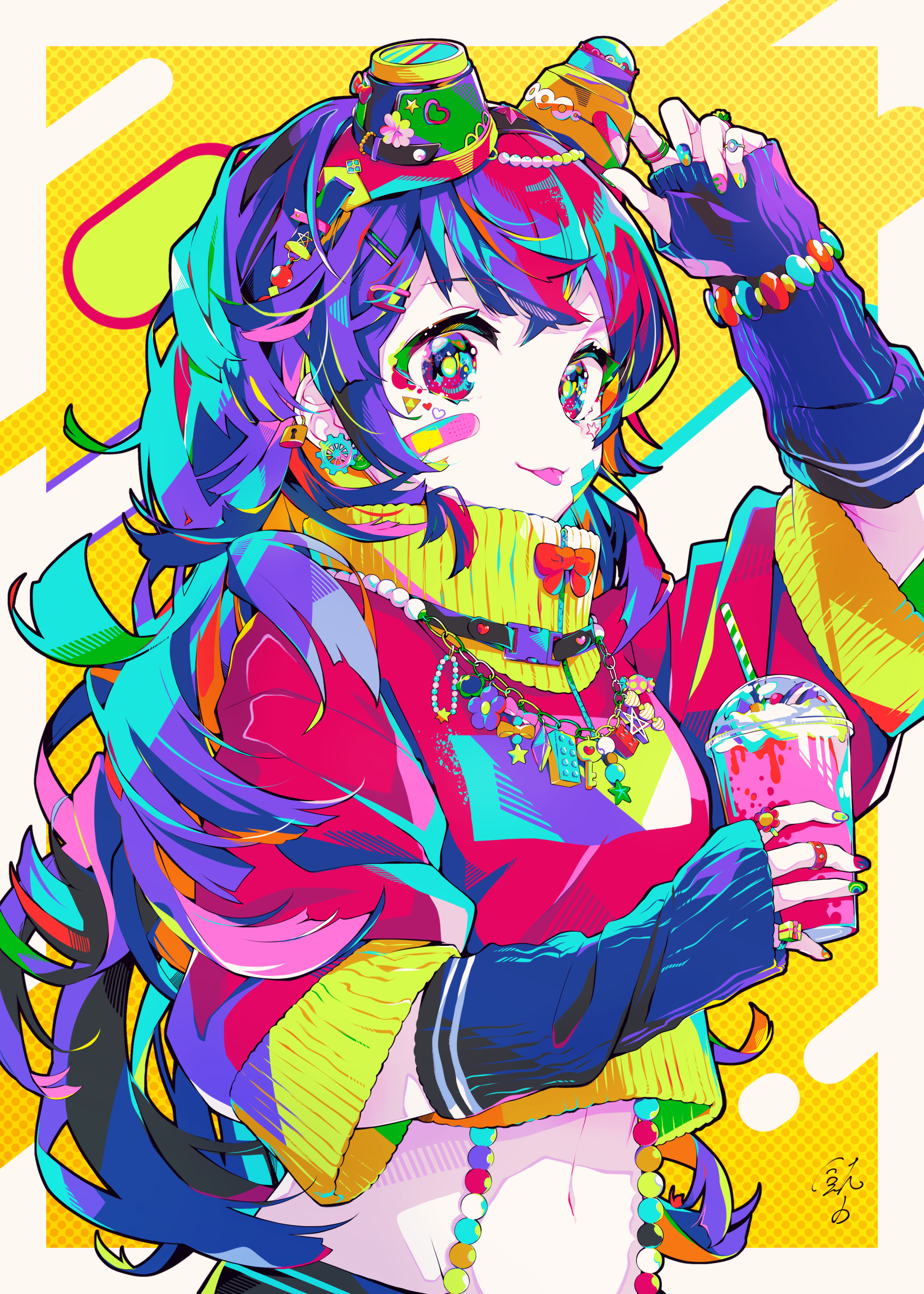 Colorful anime girl with a drink and Band-Aid HD Phone Wallpaper