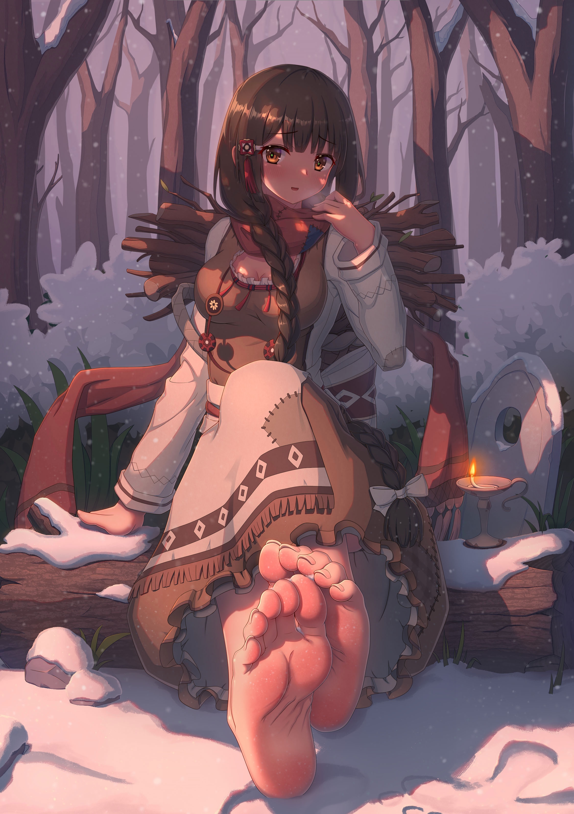 Girl with braids in a snowy forest with her feet HD Phone Wallpaper