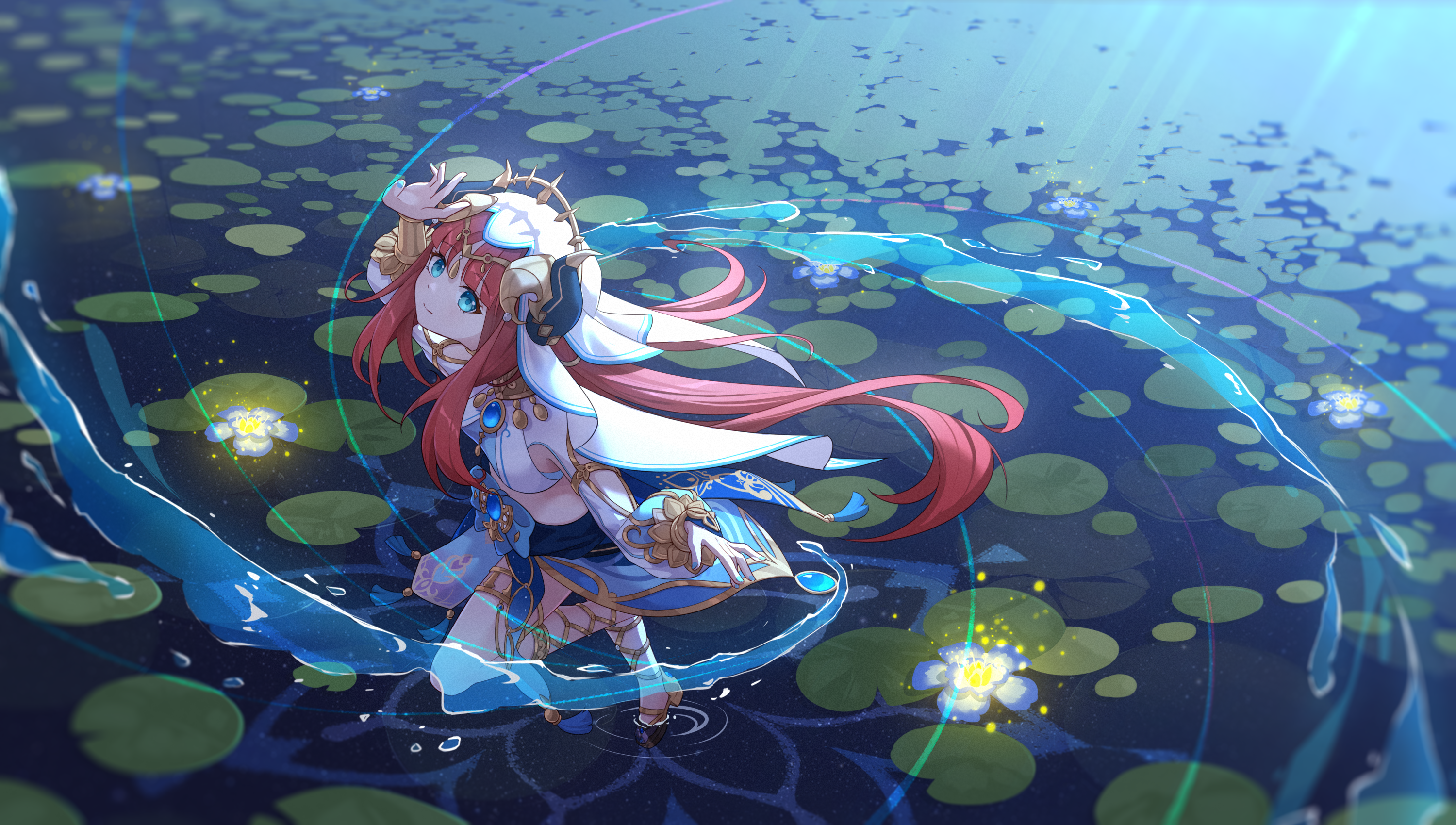 Nilou from Genshin Impact on a water lily pond HD Wallpaper