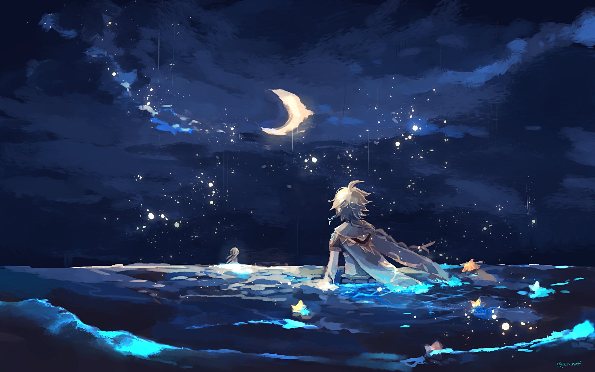 Aether in Water Under a Crescent Moon and Stars HD Wallpaper