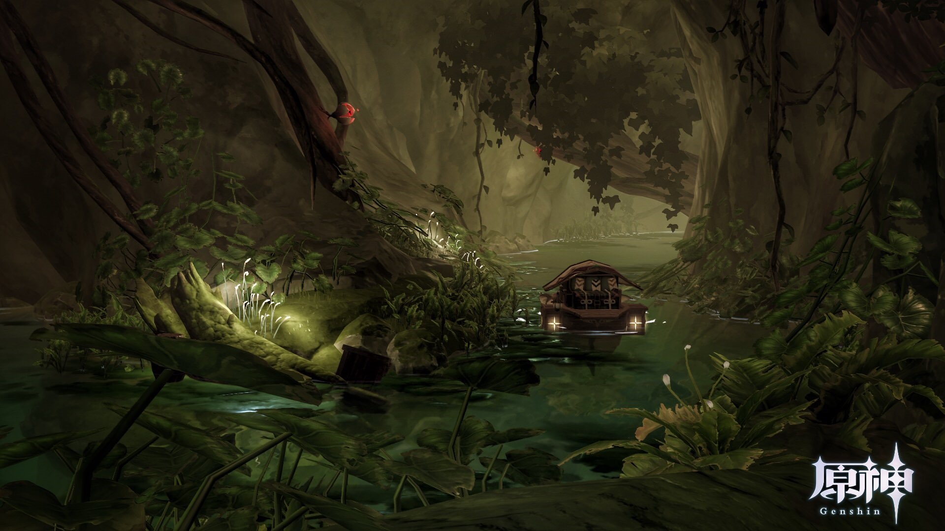Genshin Impact boat sailing through a swampy jungle HD Wallpaper